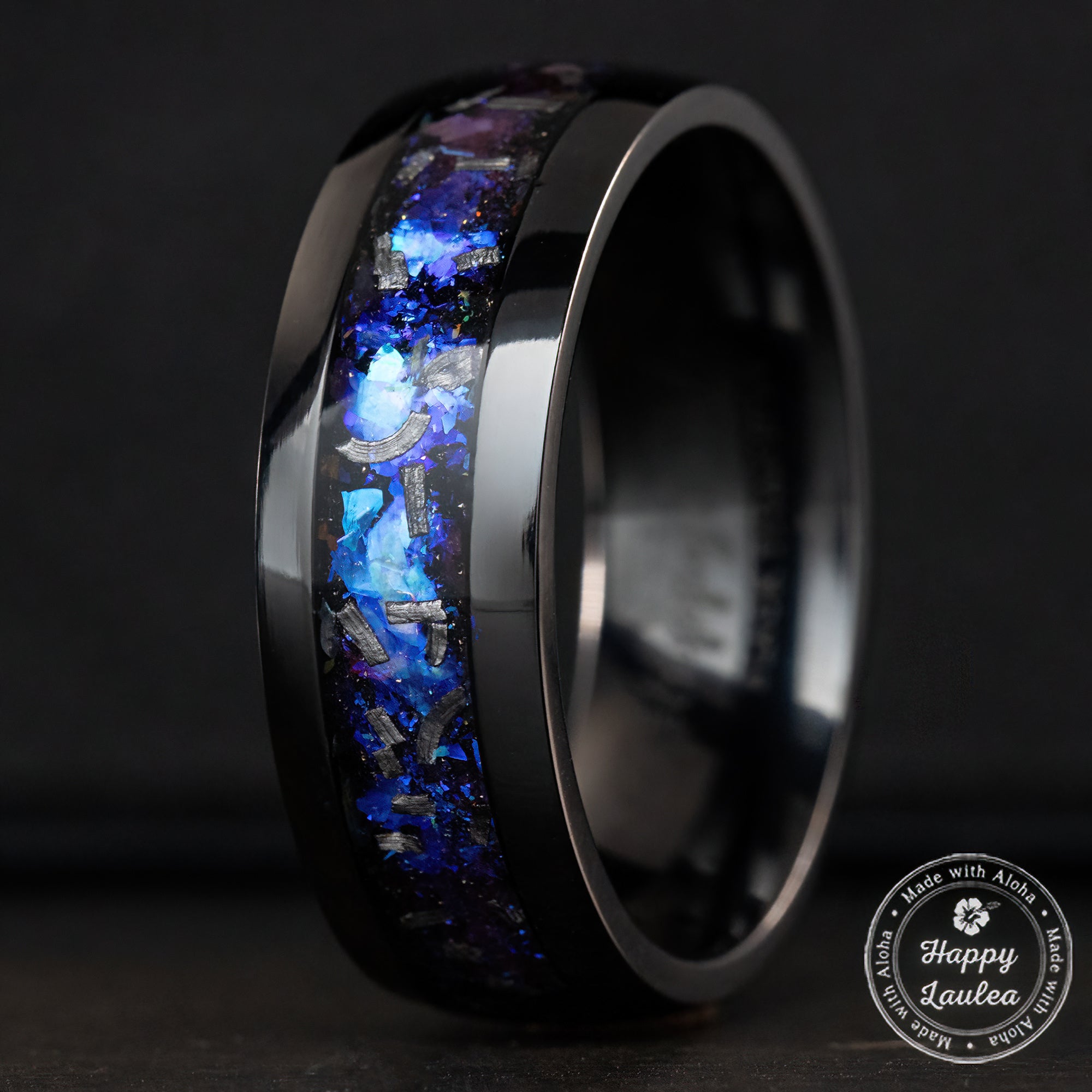 Pair of Blue Fire Opal & Meteorite [6 & 8mm] Black Titanium Ring Set