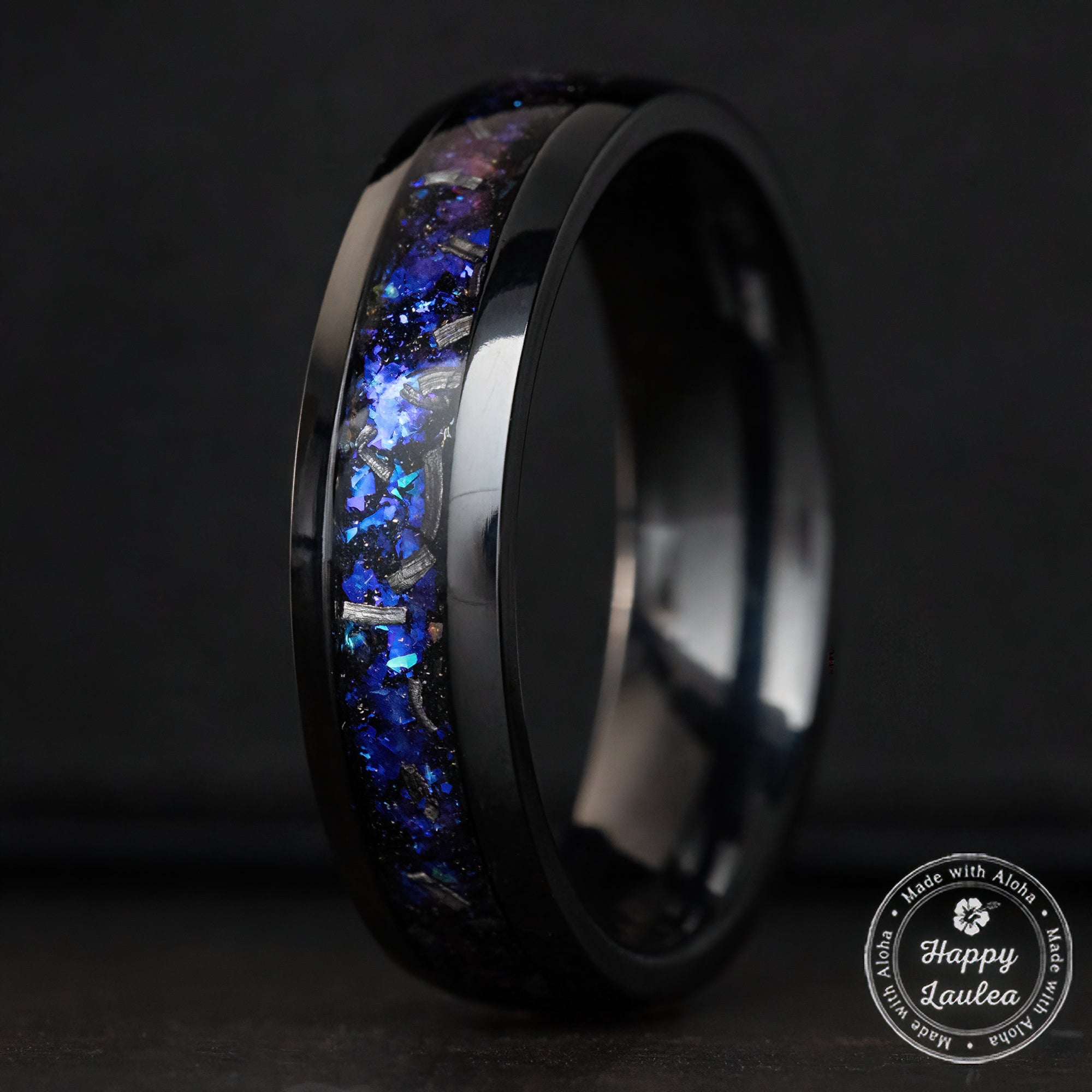 Black Titanium Ring [6mm width] Blue Fire Opal & Meteorite