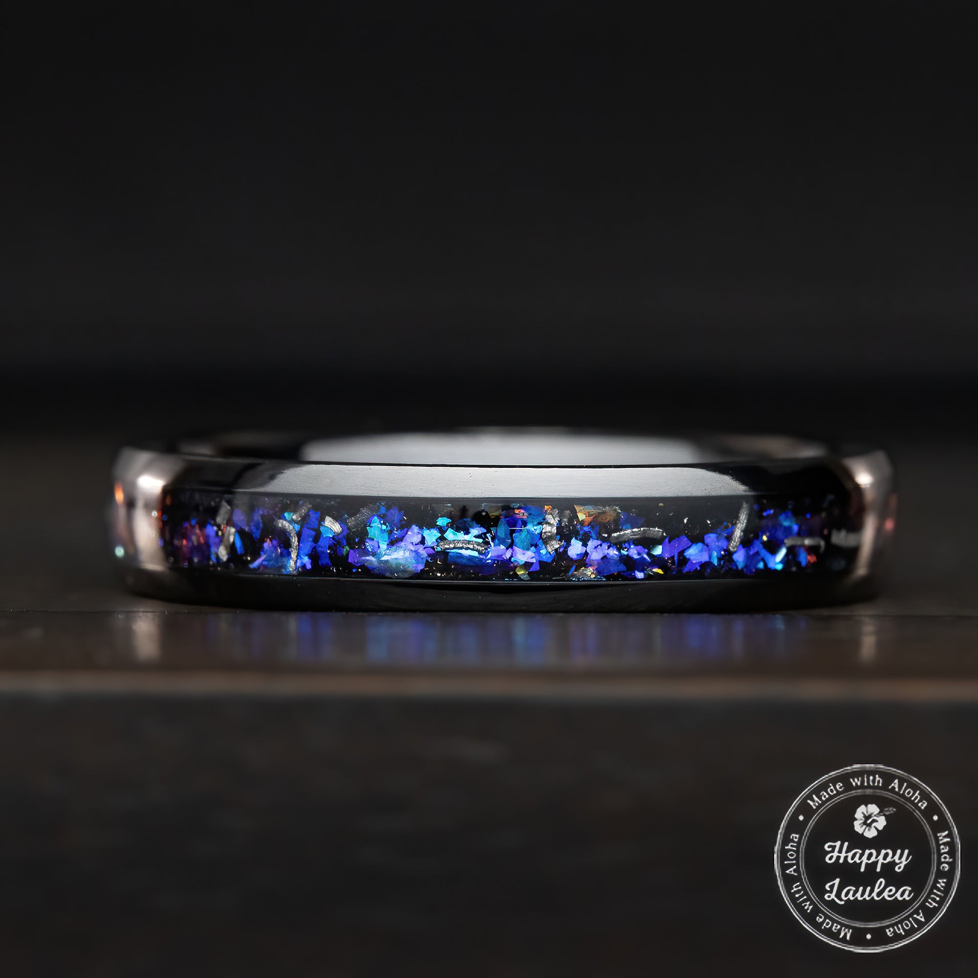 Black Titanium Ring [4mm width] Blue Fire Opal & Meteorite