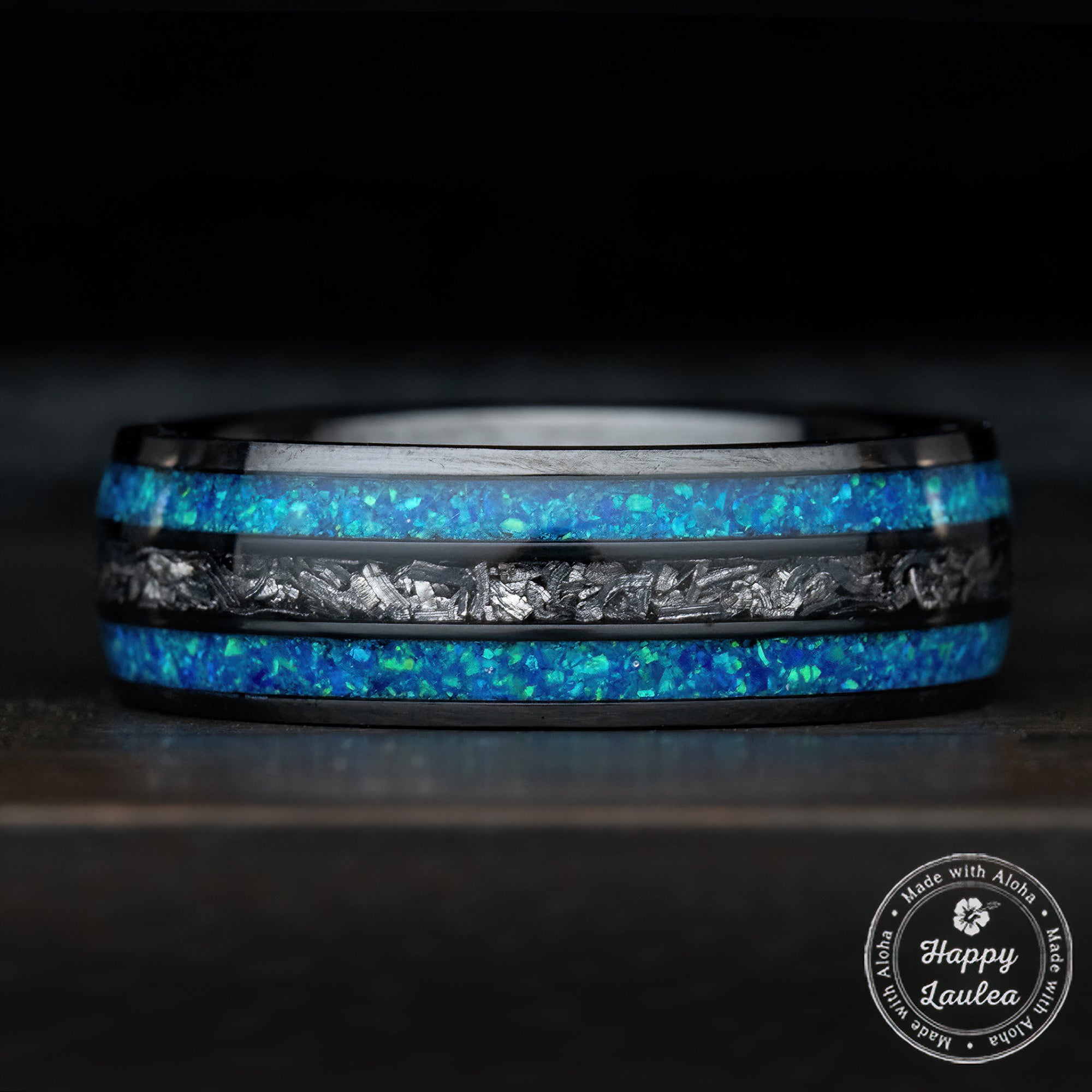 Black Titanium Ring [8mm width] Azure Blue Opal & Meteorite