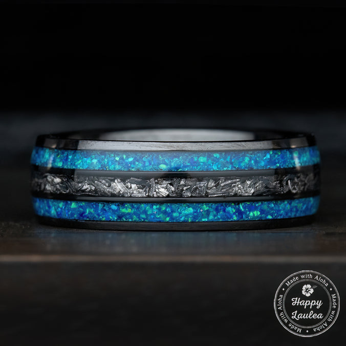 Black Titanium Ring [8mm width] Azure Blue Opal & Meteorite