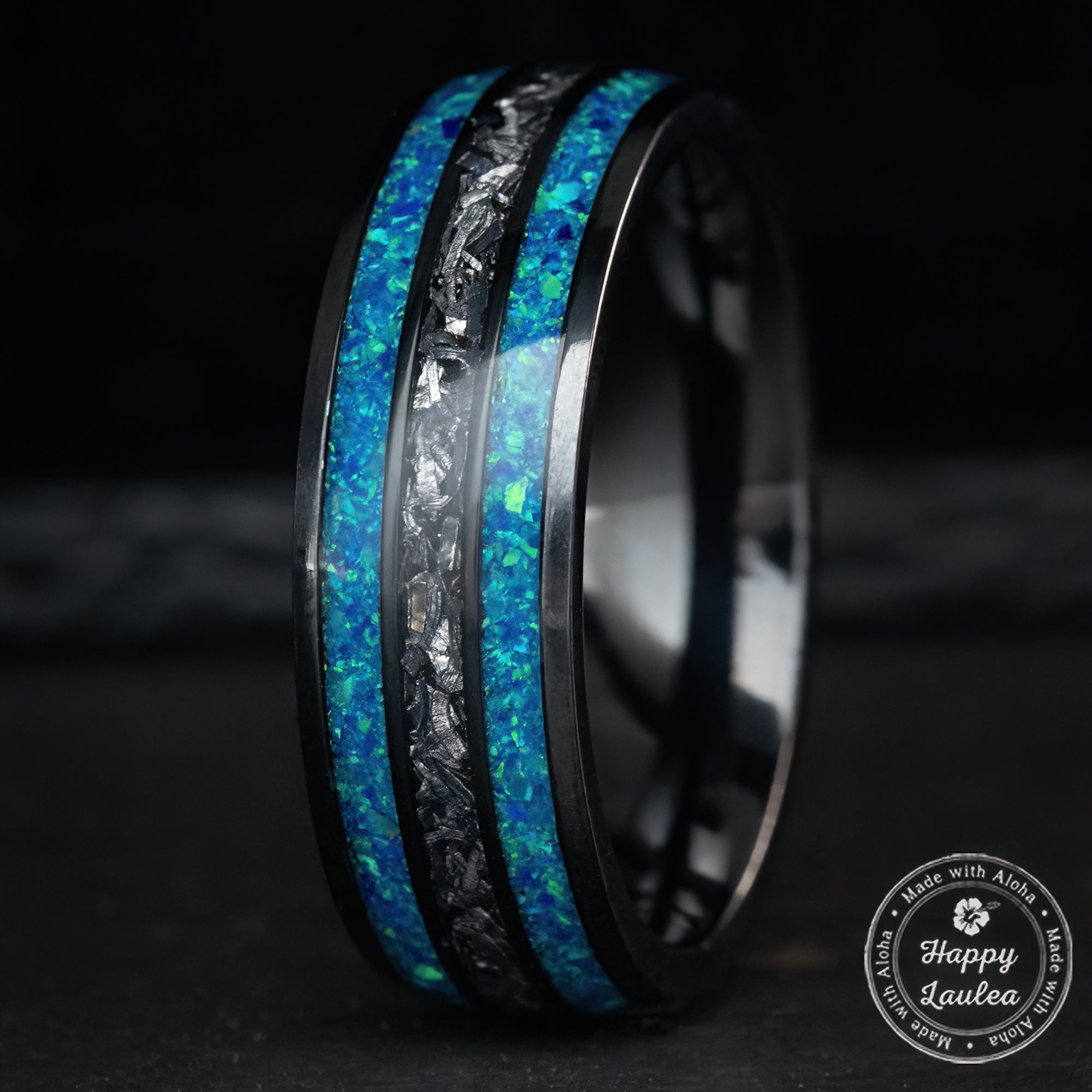 Black Titanium Ring [8mm width] Azure Blue Opal & Meteorite