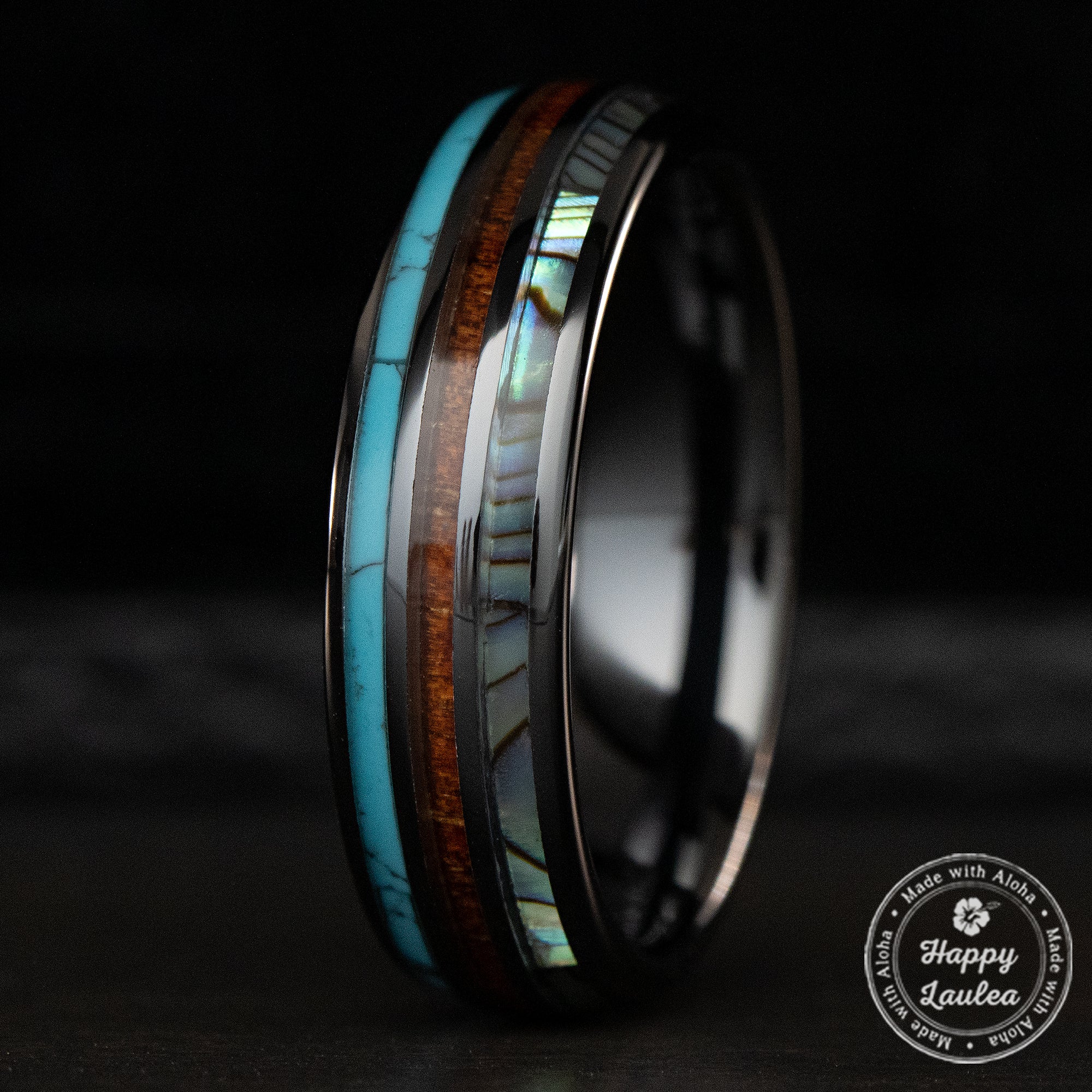 HI-TECH Black Ceramic Ring [6mm width] Turquoise, Hawaiian Koa Wood, & Abalone Shell