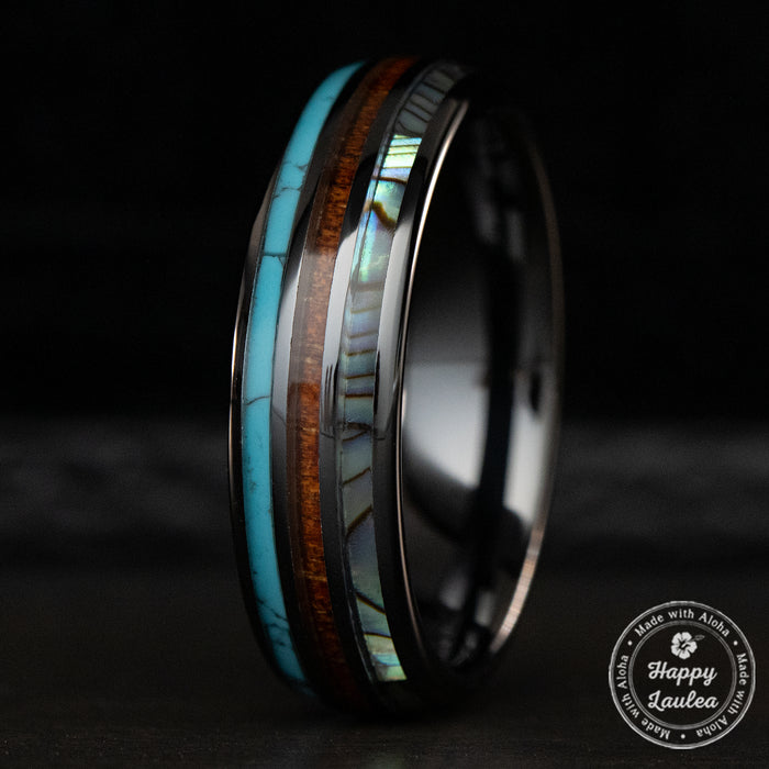 HI-TECH Black Ceramic Ring [6mm width] Turquoise, Hawaiian Koa Wood, & Abalone Shell