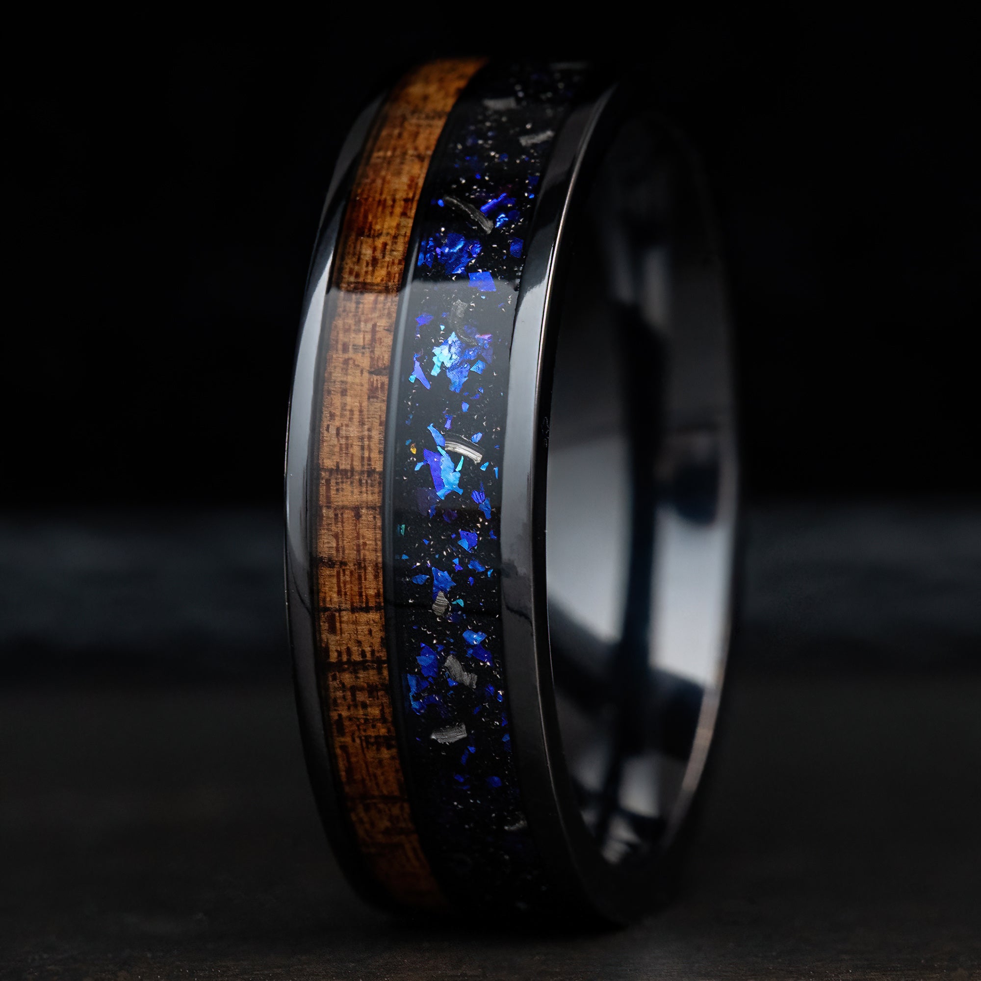 Black Titanium Ring [7mm width] Blue Fire Opal, Meteorite, & Hawaiian Koa Wood