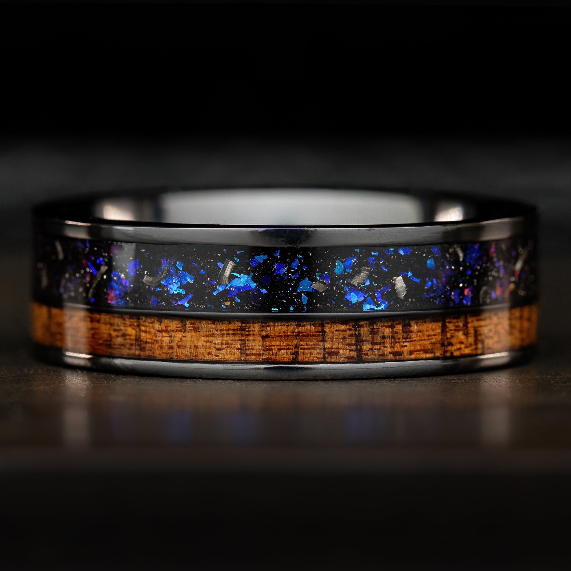 Black Titanium Ring [7mm width] Blue Fire Opal, Meteorite, & Hawaiian Koa Wood