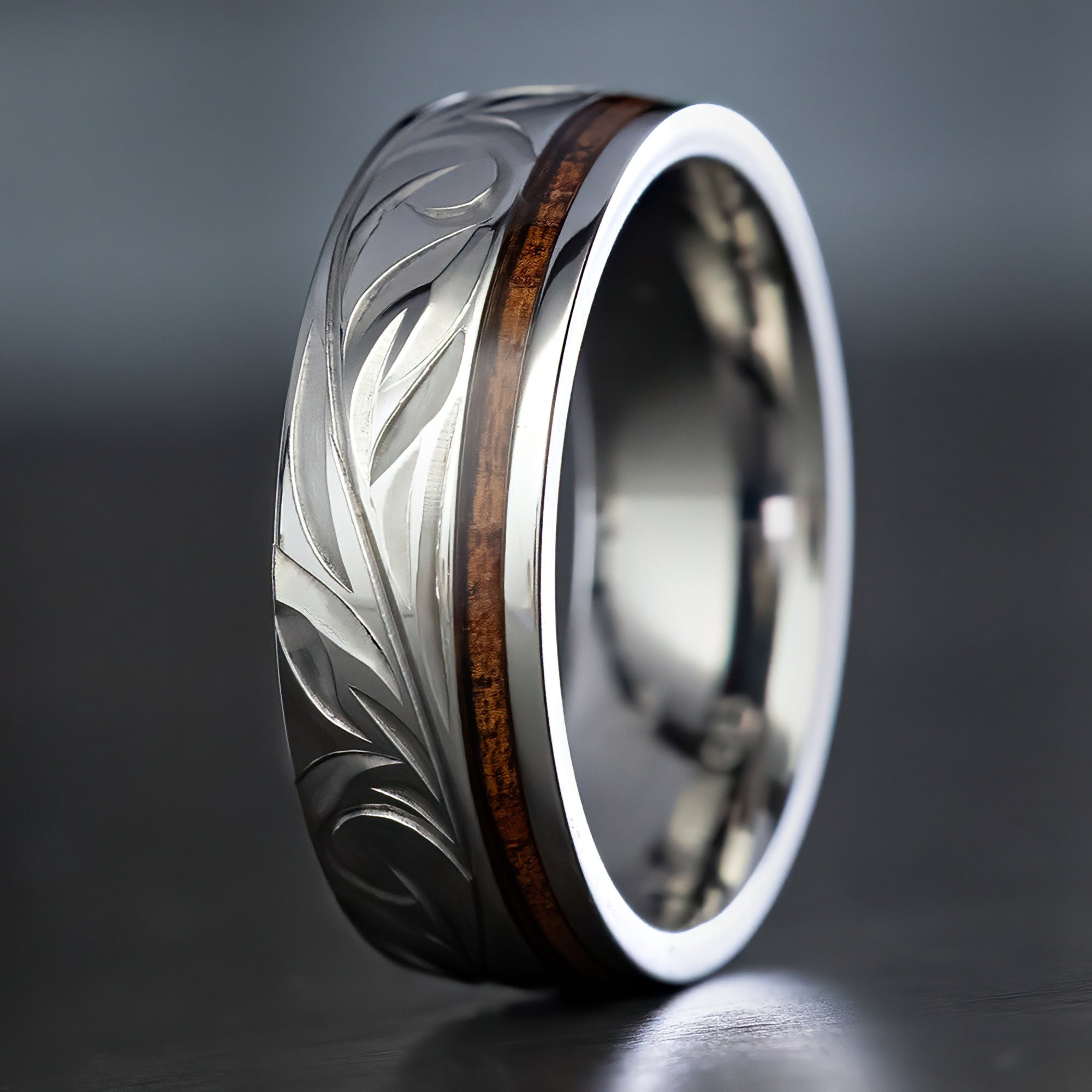 Titanium Ring Hand Engraved Old English Design [7mm width] Hawaiian Koa Wood Inlay