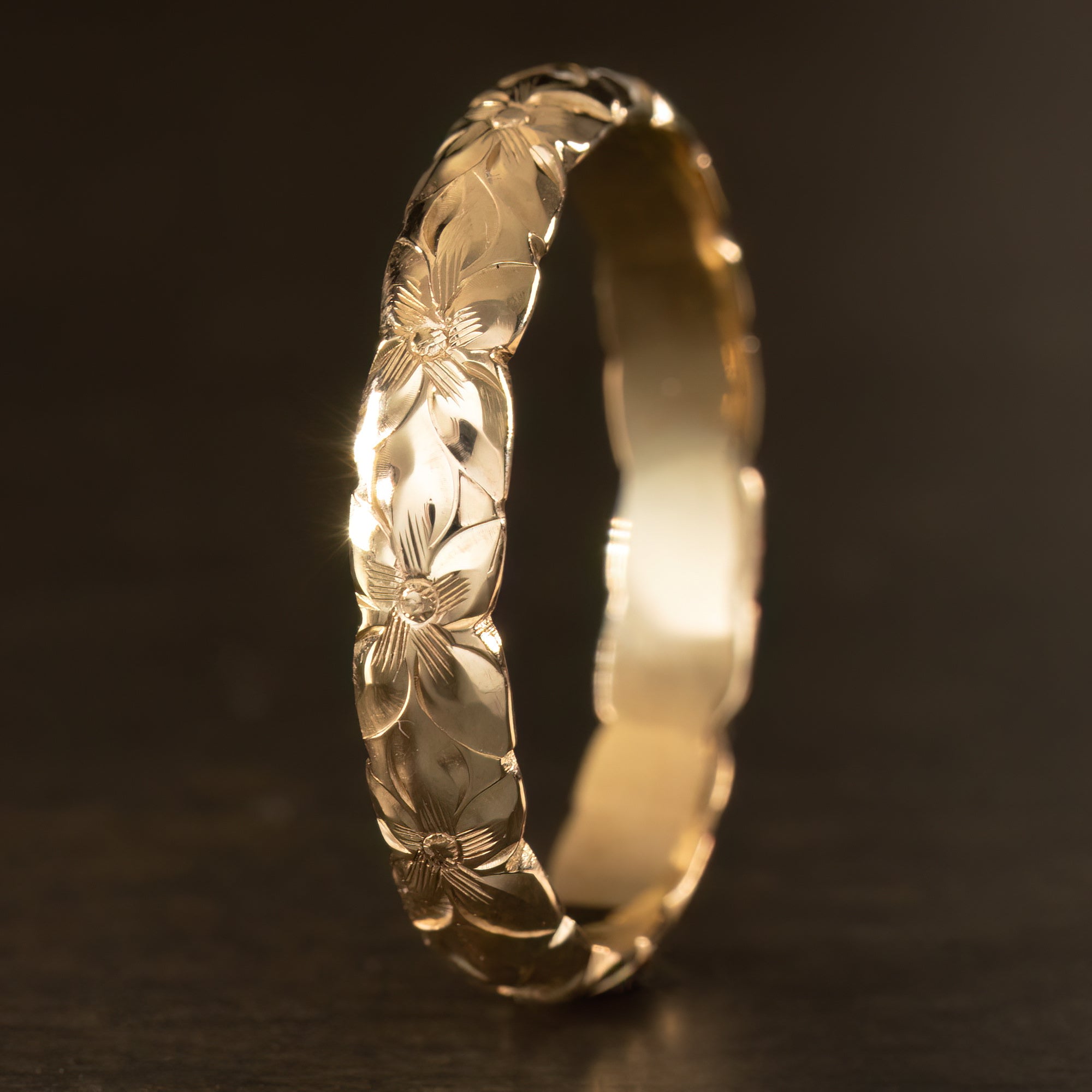 Solid Gold Ring [4mm width] All Plumeria Hand Engraved Design