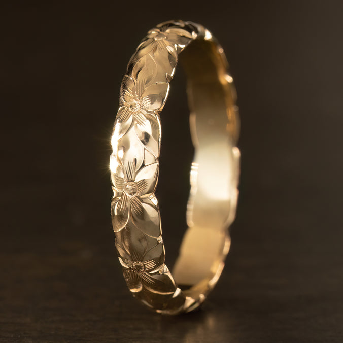 Solid Gold Ring [4mm width] All Plumeria Hand Engraved Design