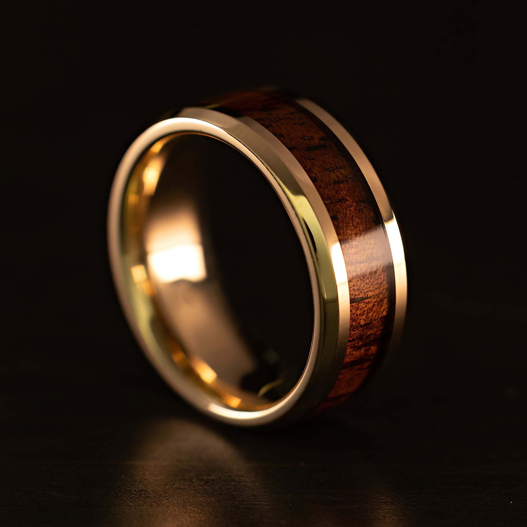 Solid Gold Beveled Edged Ring [8mm width] Hawai'i Koa Wood