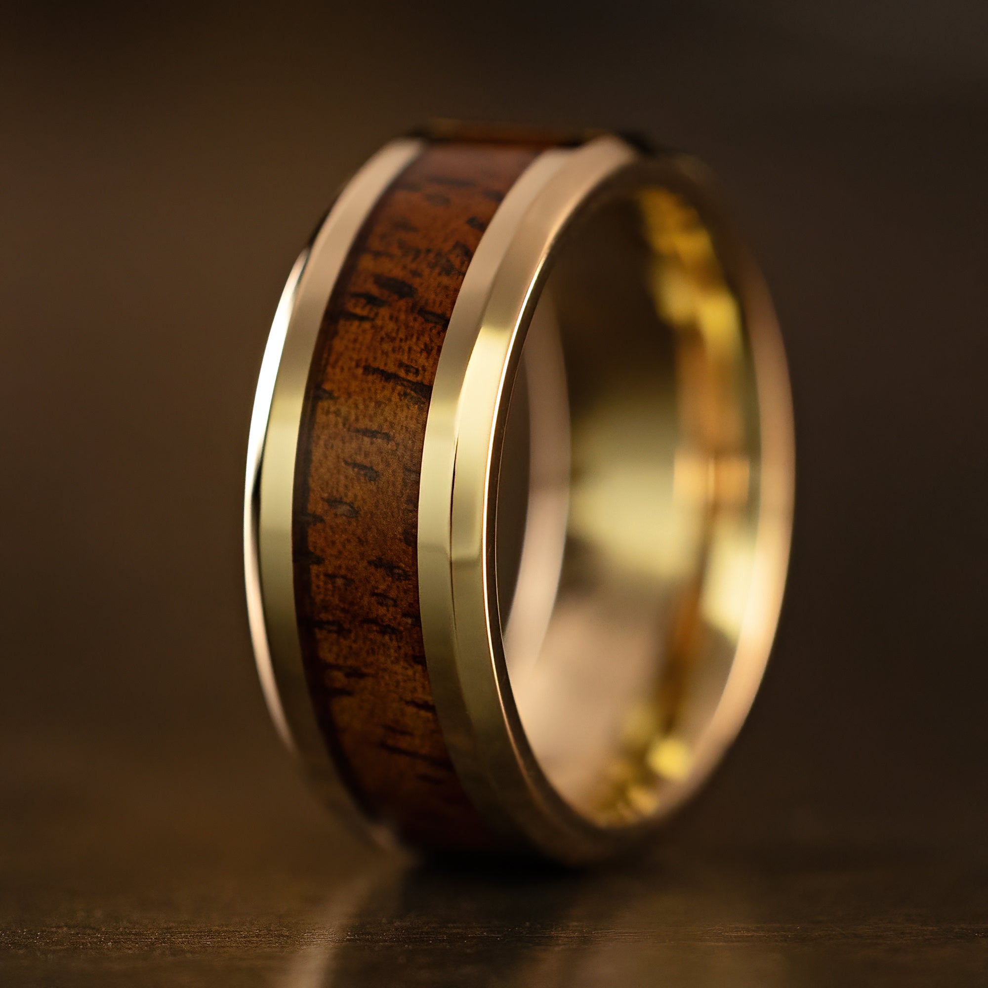 Solid Gold Beveled Edged Ring [8mm width] Hawai'i Koa Wood