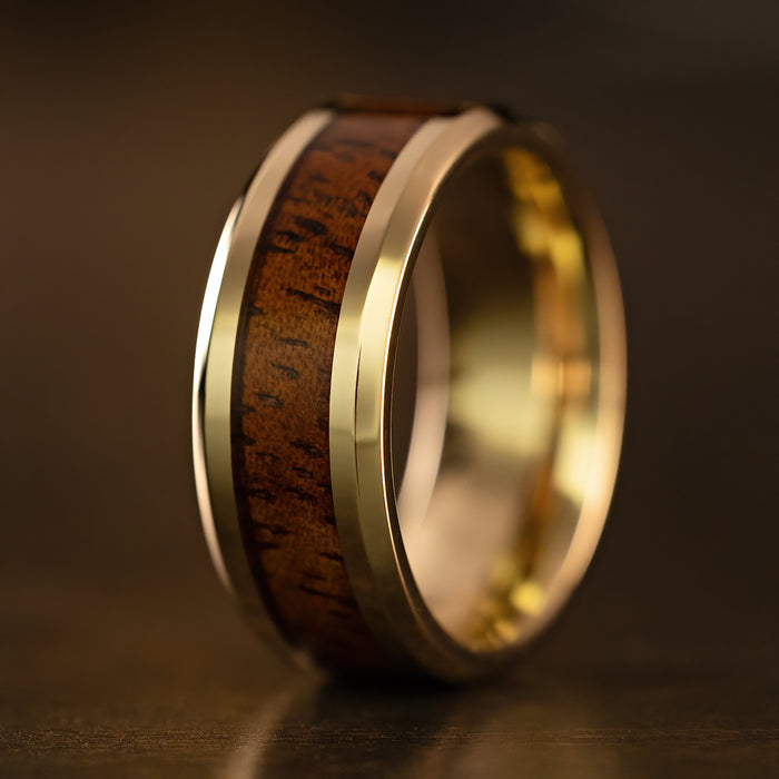 Solid Gold Beveled Edged Ring [8mm width] Hawai'i Koa Wood