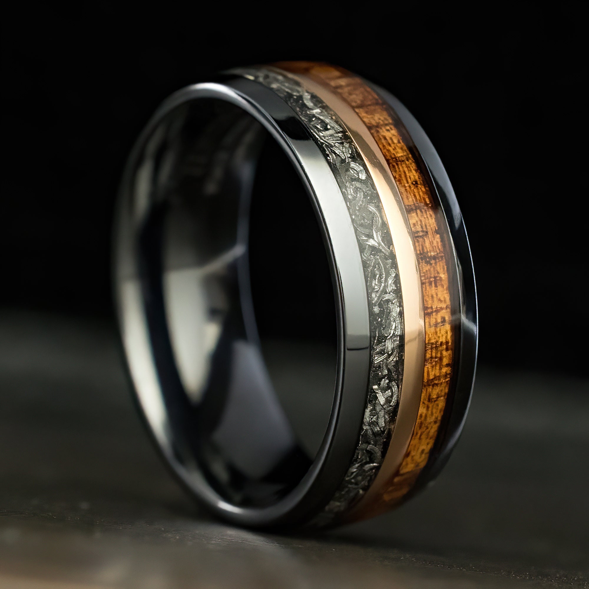 Black Titanium Ring [8mm width] Galaxy Meteorite & Hawaiian Koa Wood