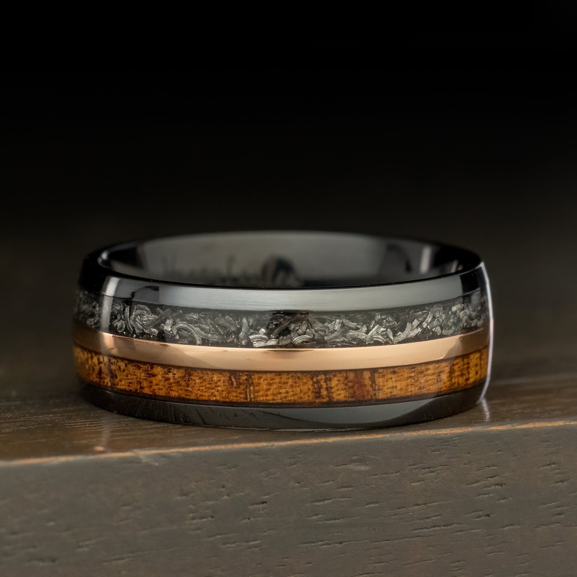 Black Titanium Ring [8mm width] Galaxy Meteorite & Hawaiian Koa Wood