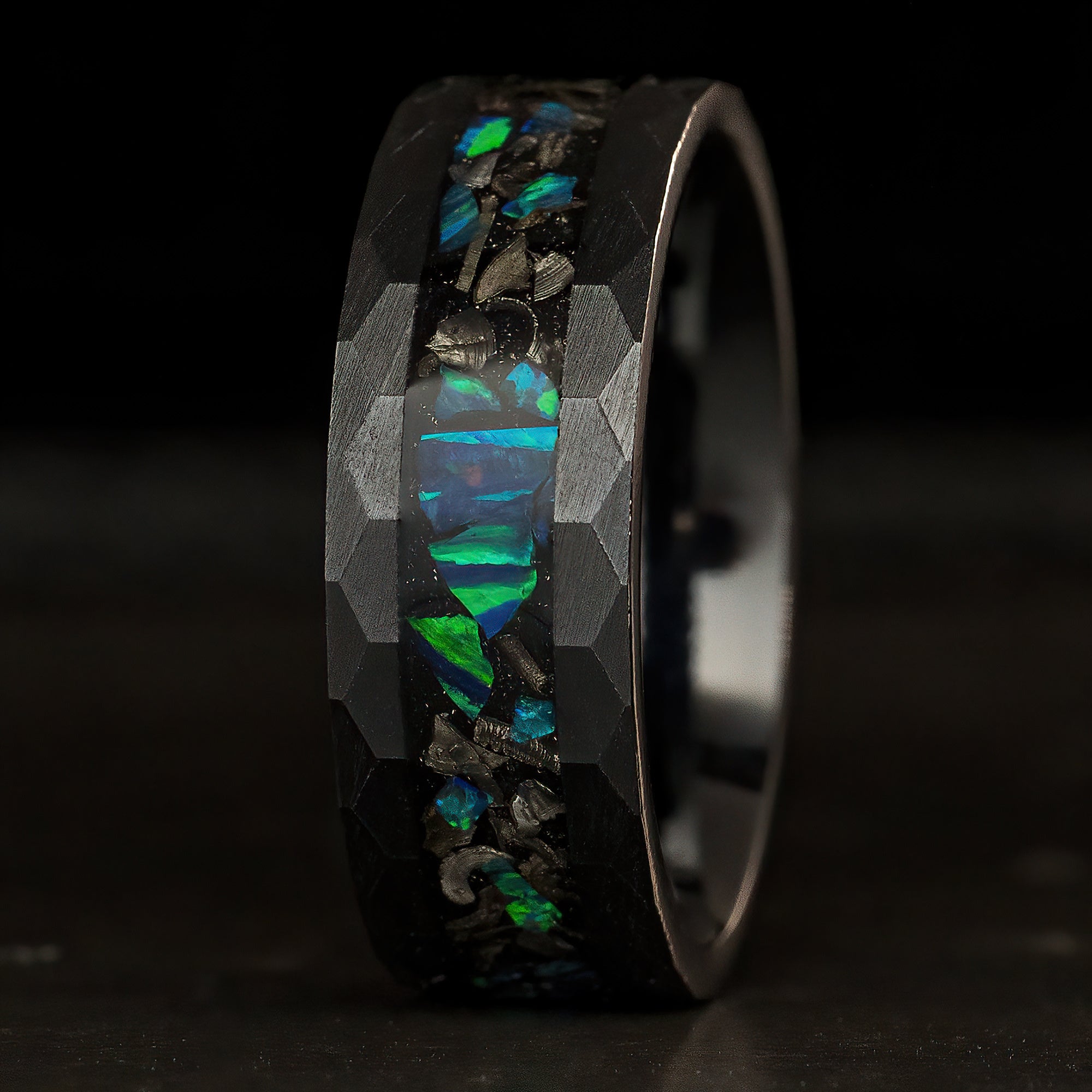 Black Titanium Hammered Brushed Finish [8mm width] Blue Opal Chunks & Meteorite