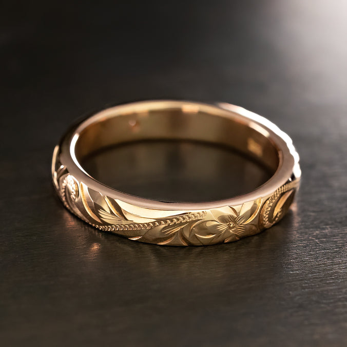 Solid Gold or Platinum Heavy Style Hand Engraved Ring [4mm width] Hawaiian Old English Design