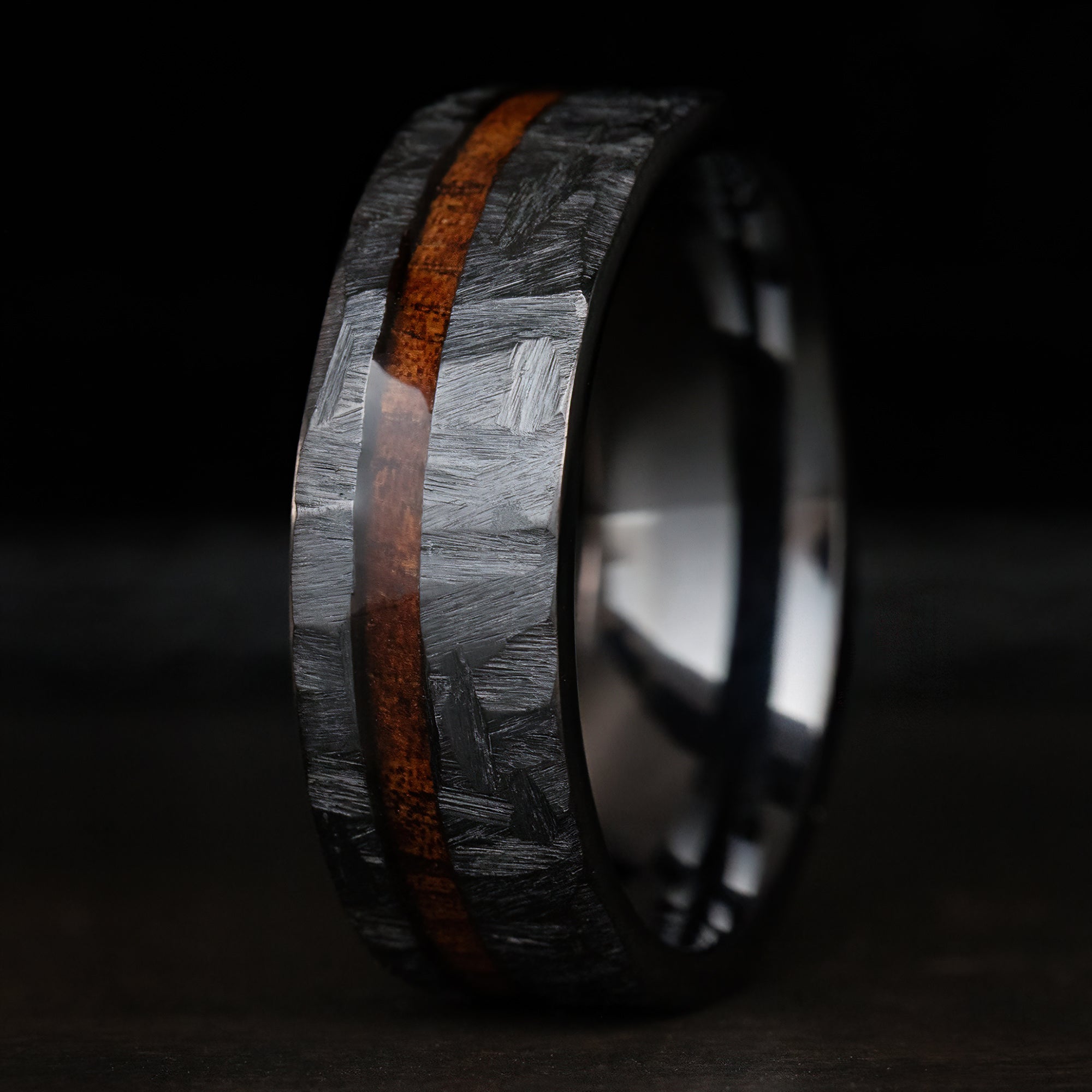 Black Titanium Hammered Ring [8mm width] Hawaiian Koa Wood