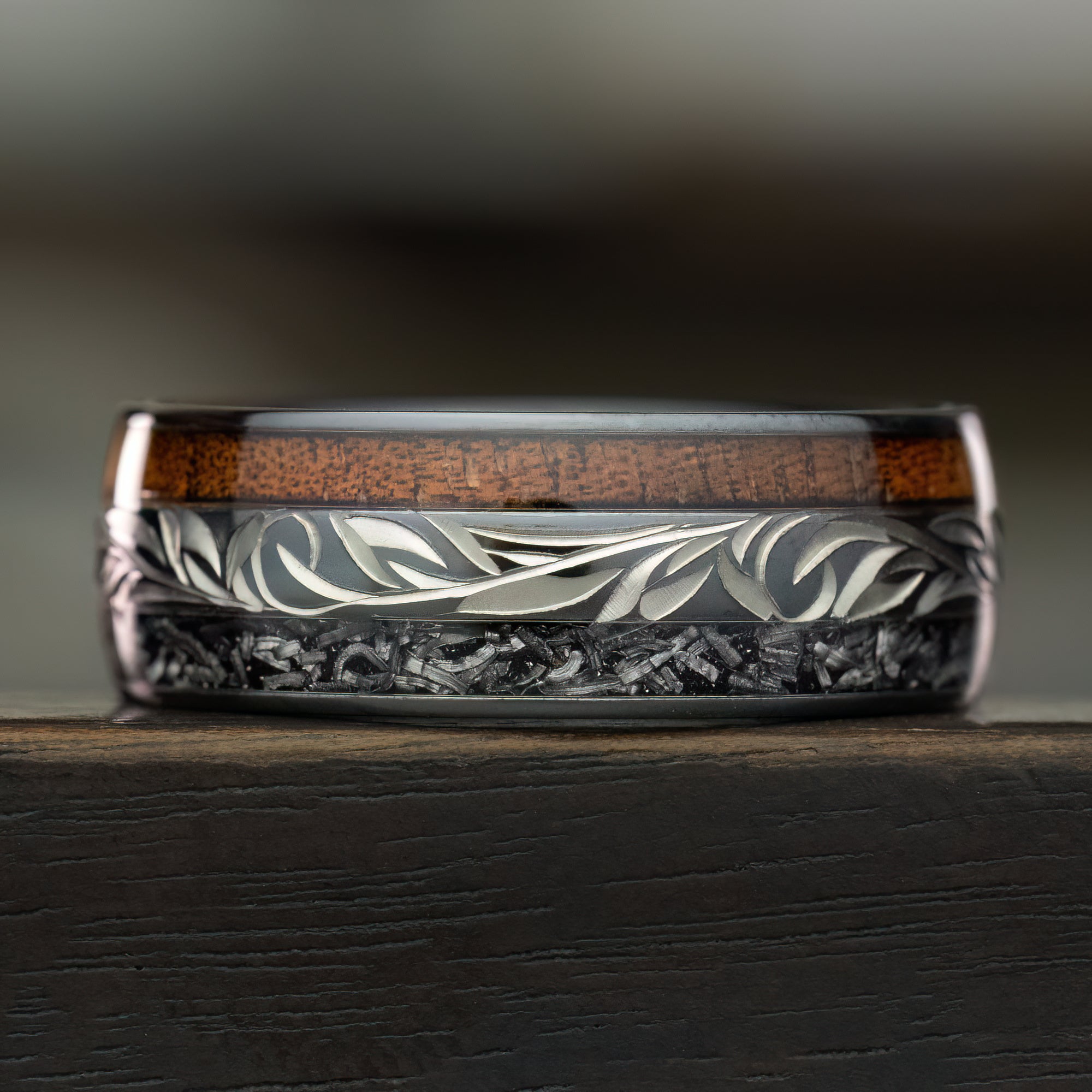 Black Zirconium Hand Engraved Ring [8mm width] Koa Wood & Meteorite