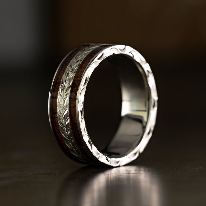 Solid Gold Ring [8mm width] Maile Leaf Design & Hawaiian Koa Wood