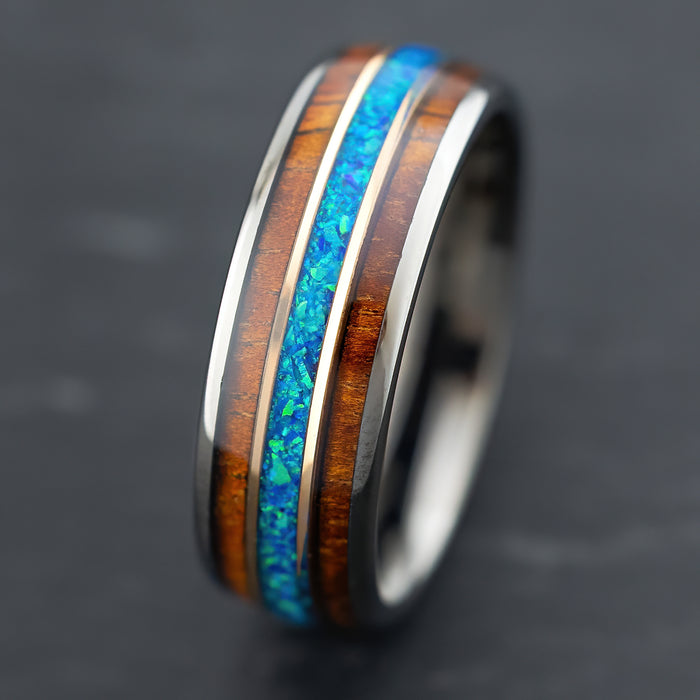 GunGrey Tungsten Carbide with Mid-Rose Gold Strip [8mm width] Blue Opal & Hawaiian Koa Wood