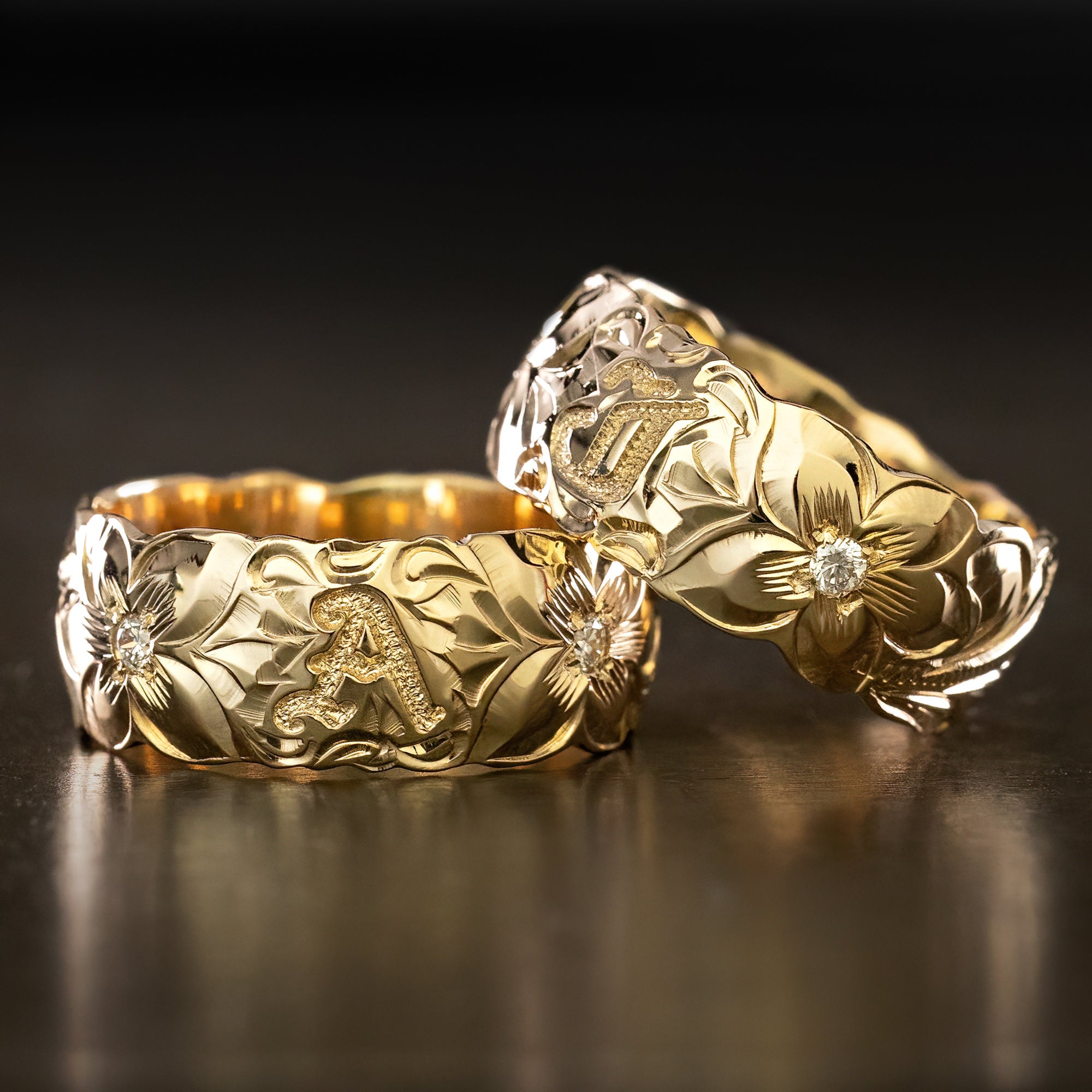 Solid Gold Personalized Initial Hawaiian Jewelry Ring with Diamonds / 8mm / Dome Shape