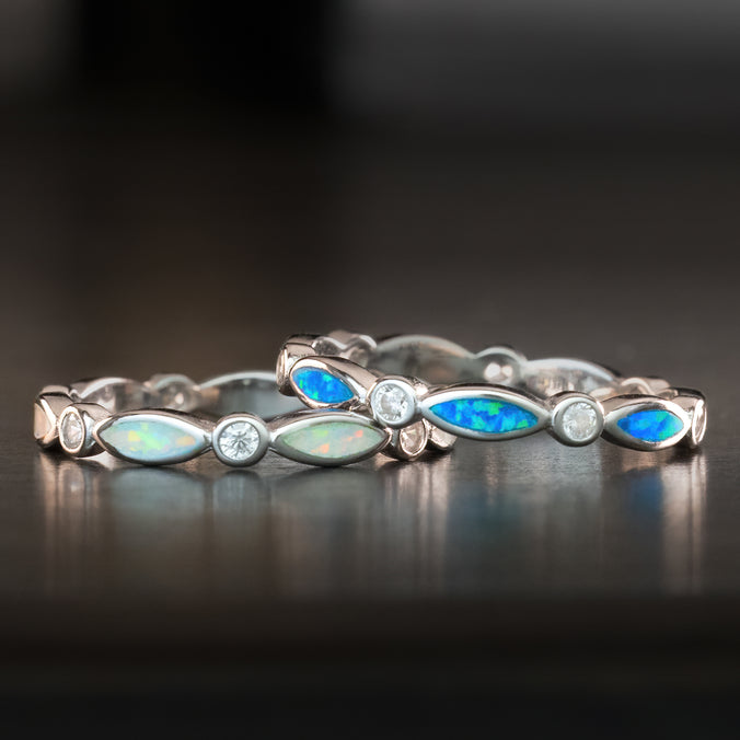Sterling Silver Marquise Ring [2mm width] Blue & White Opal