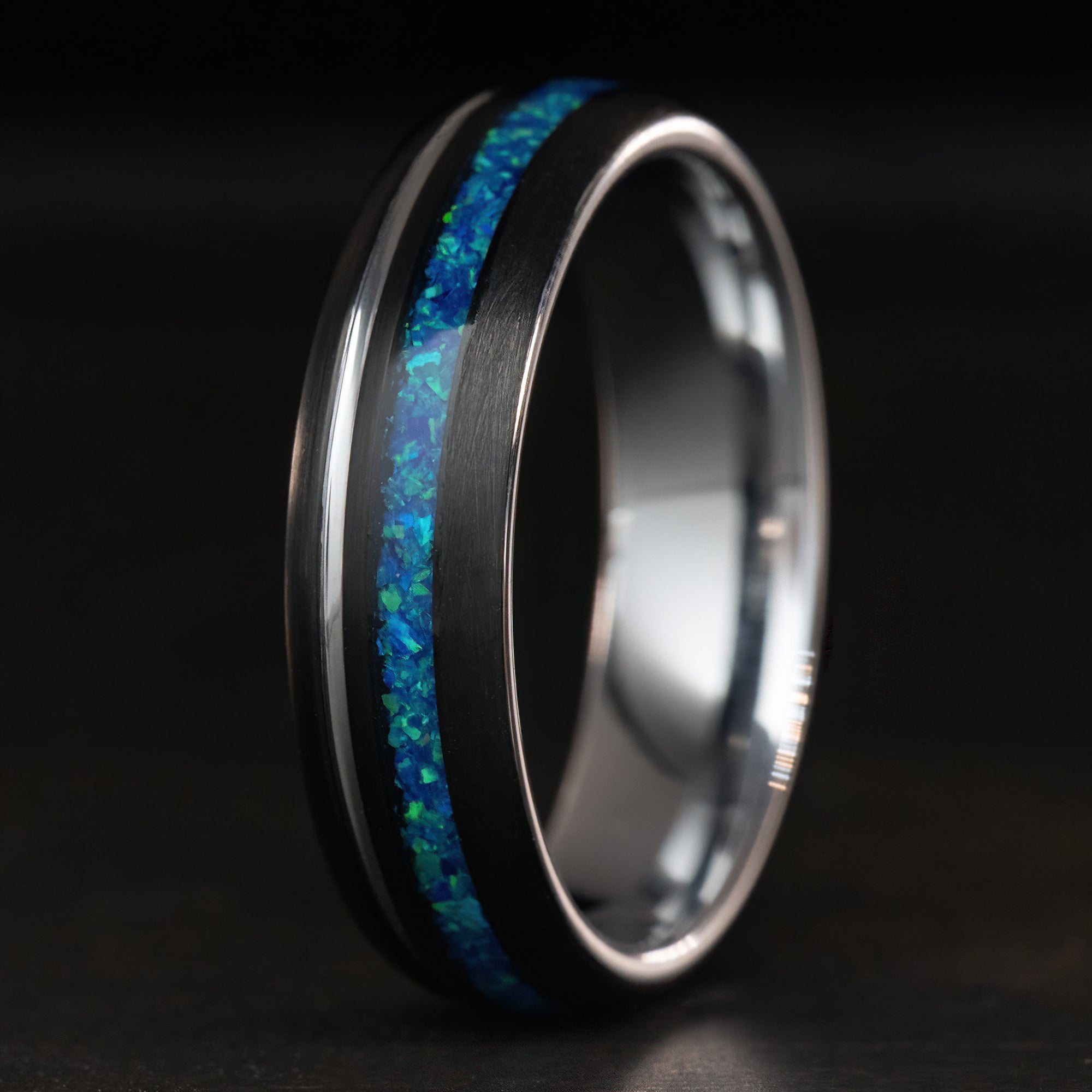 Black Tungsten Carbide & White Gold [6mm width] Azure Blue Opal