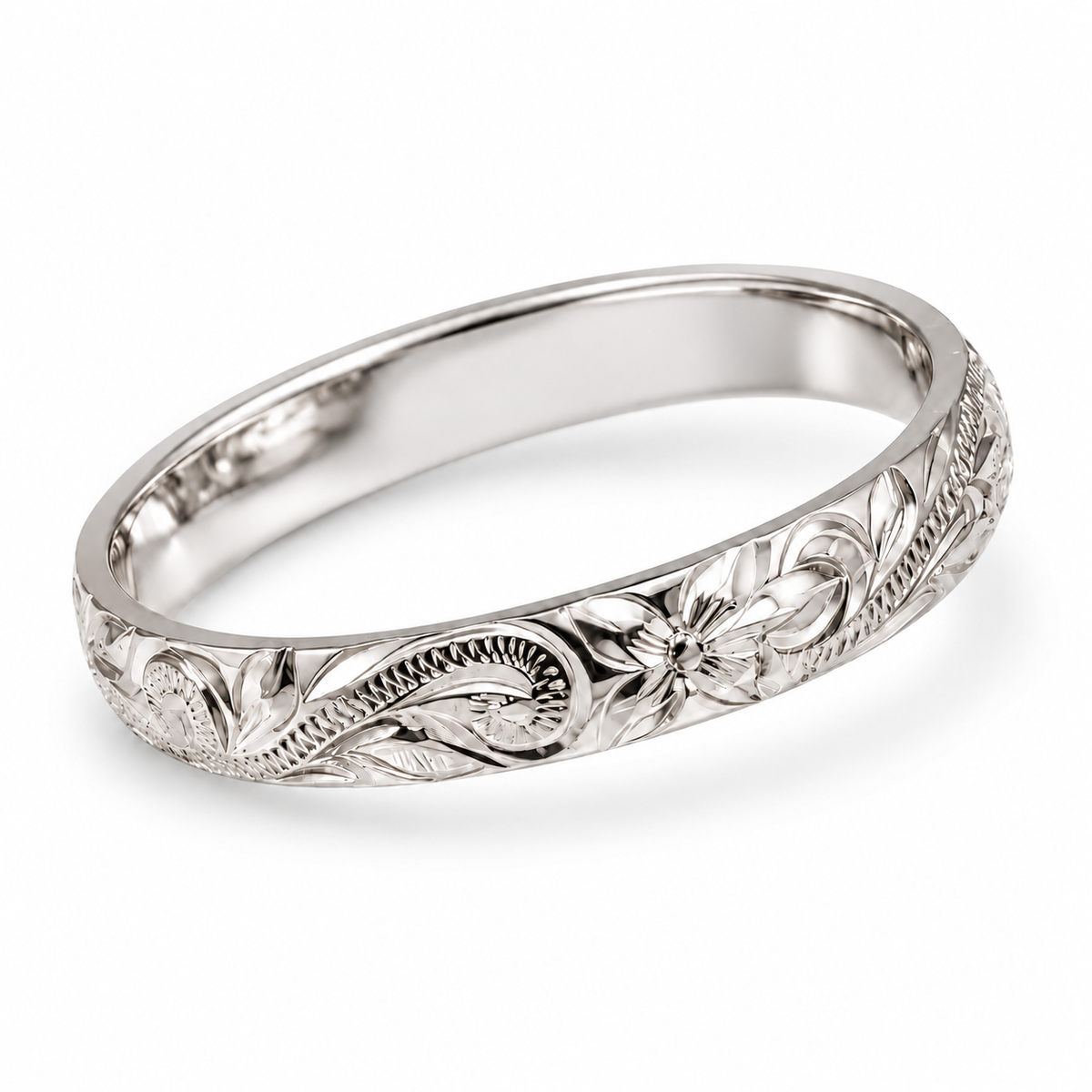 3mm Hawaiian heirloom hand engraved barrel ring in white gold