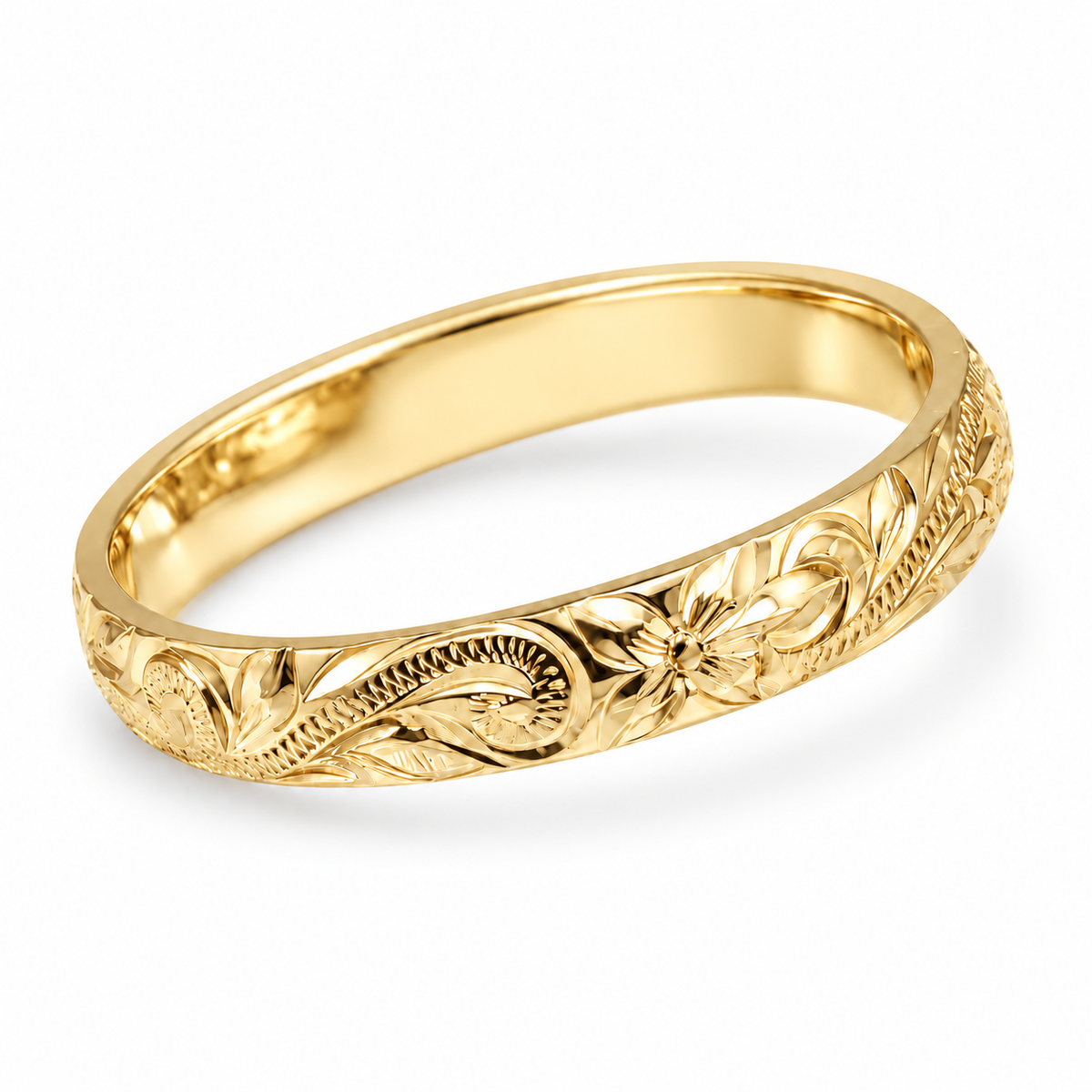 3mm Hawaiian heirloom hand engraved barrel ring in yellow gold