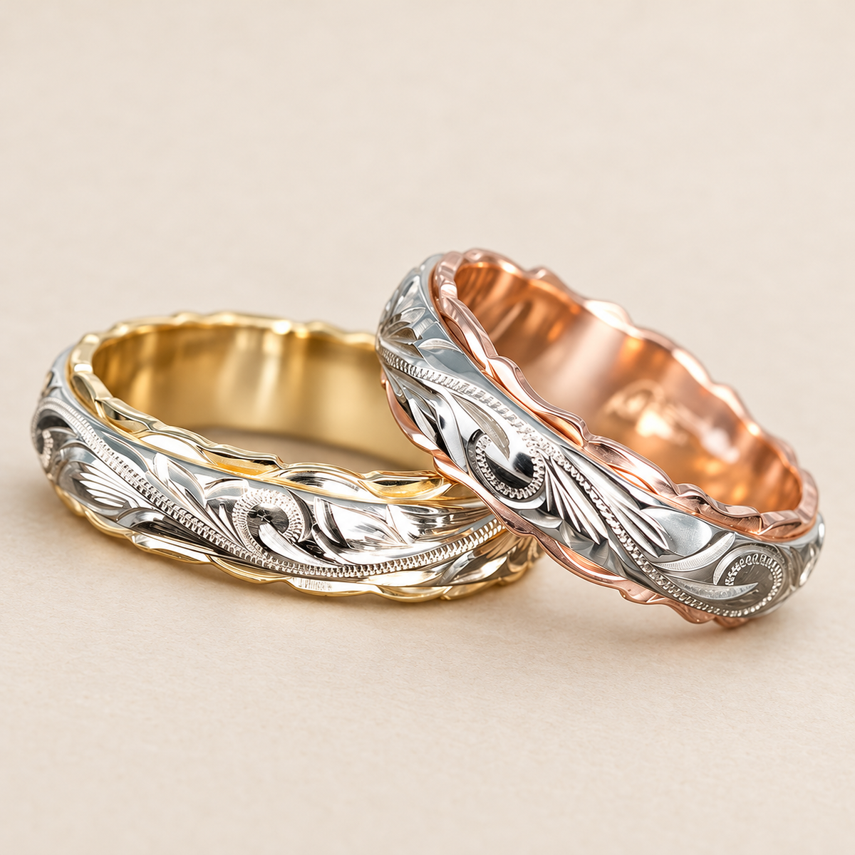 Two Hawaiian heritage rings with white engraved centers over yellow and rose gold bases on an ivory background.