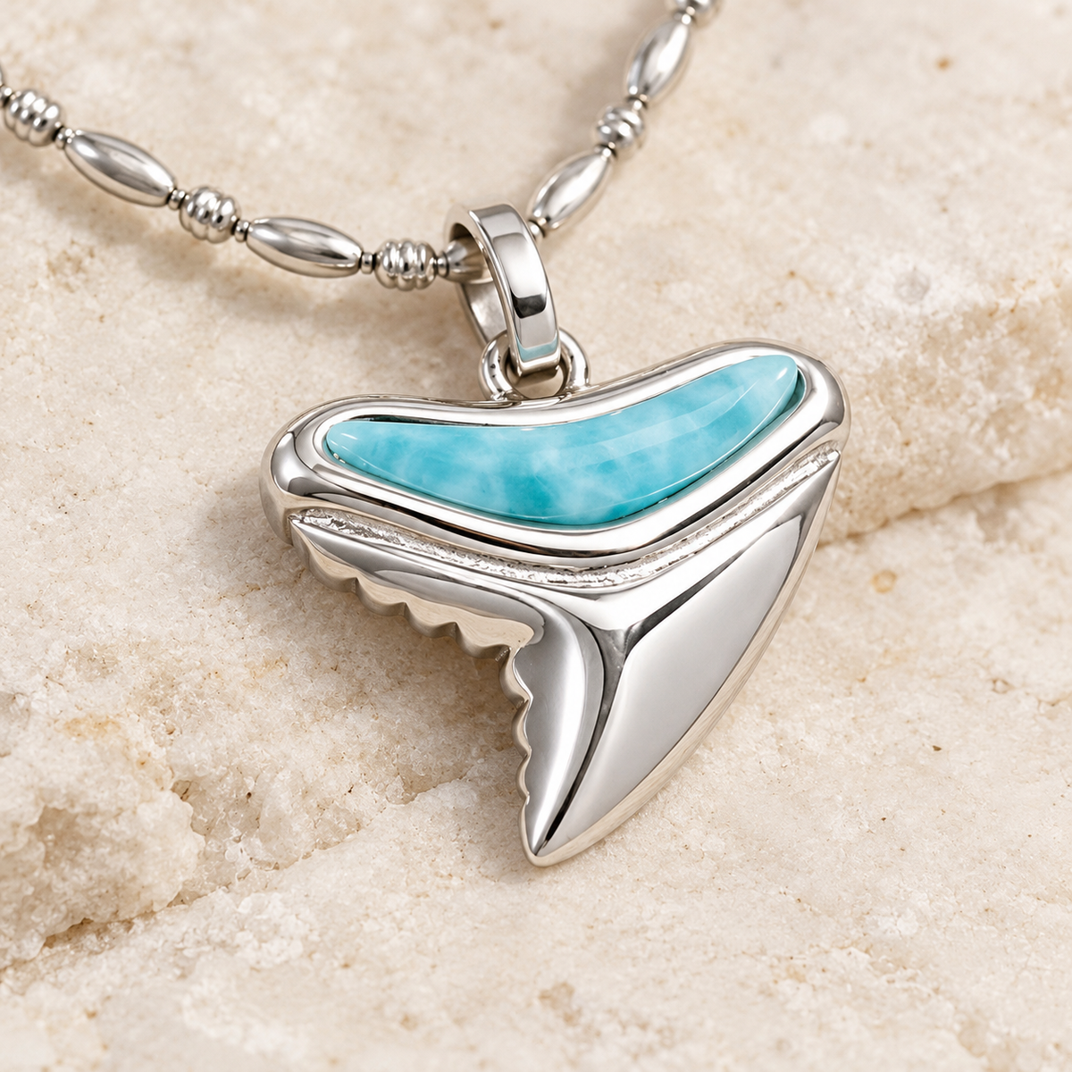 Sterling silver petite shark tooth pendant with Larimar, alternate angle