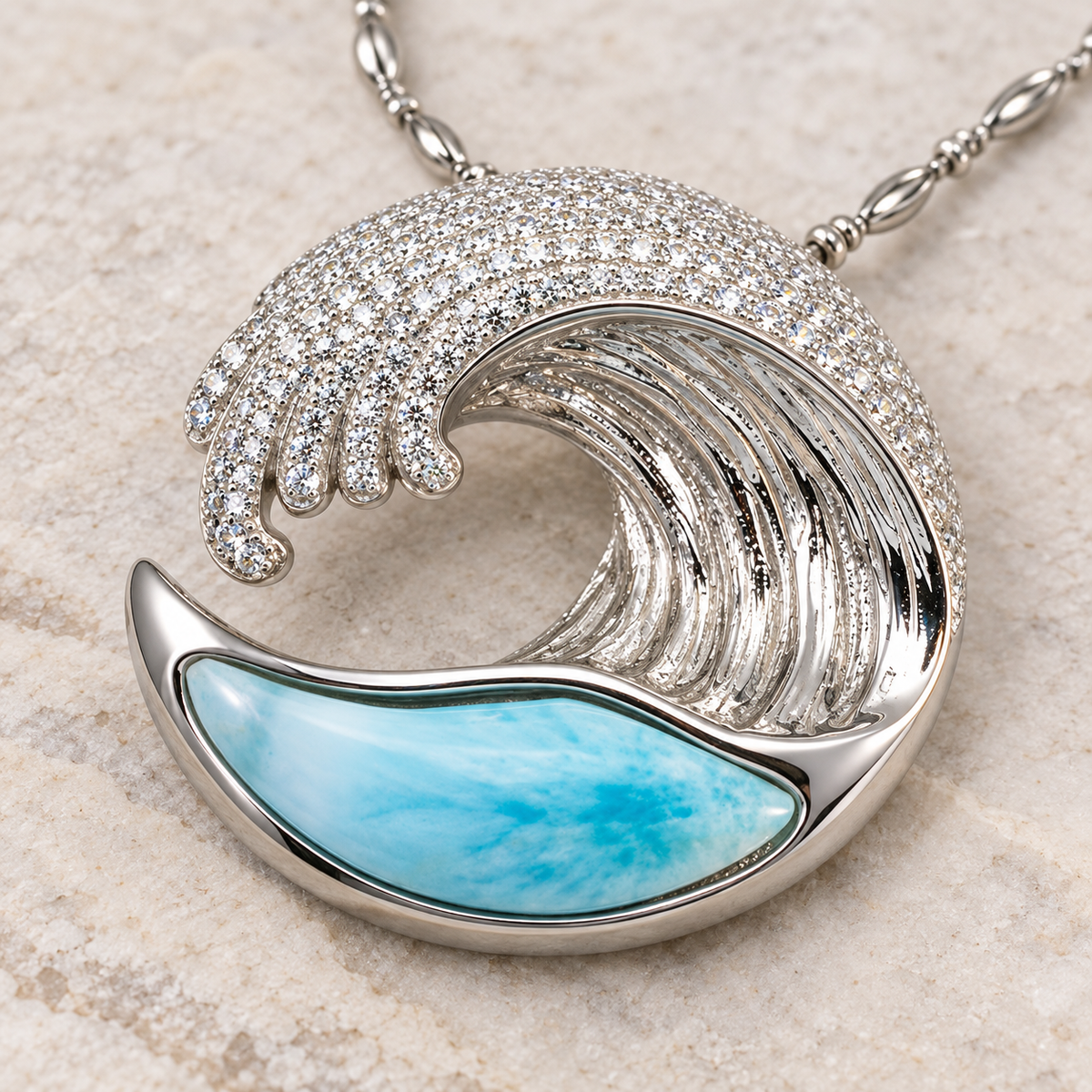 Sterling silver Larimar wave pendant with cubic zirconia, alternate angle