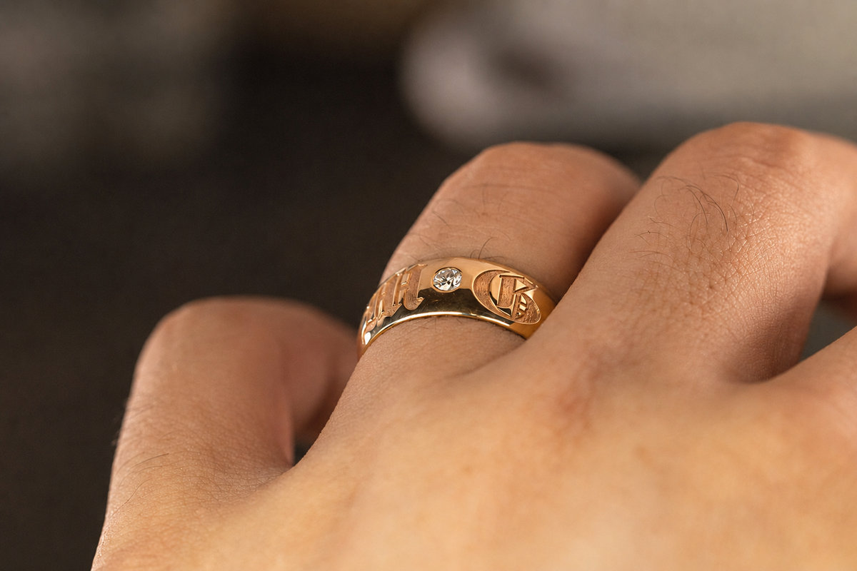 Solid Gold Old English Initial Ring [8mm width] VVS 3mm Lab Diamond