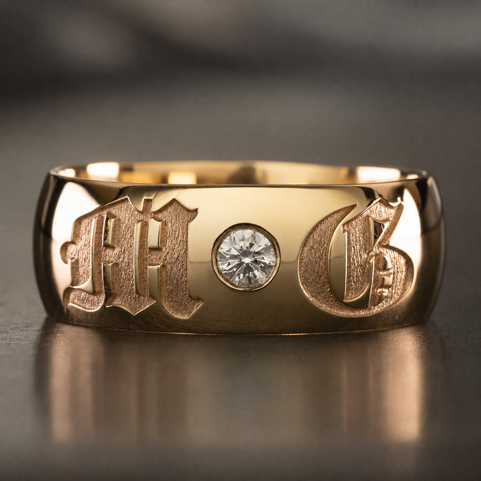 Solid Gold Old English Initial Ring [8mm width] VVS 3mm Lab Diamond