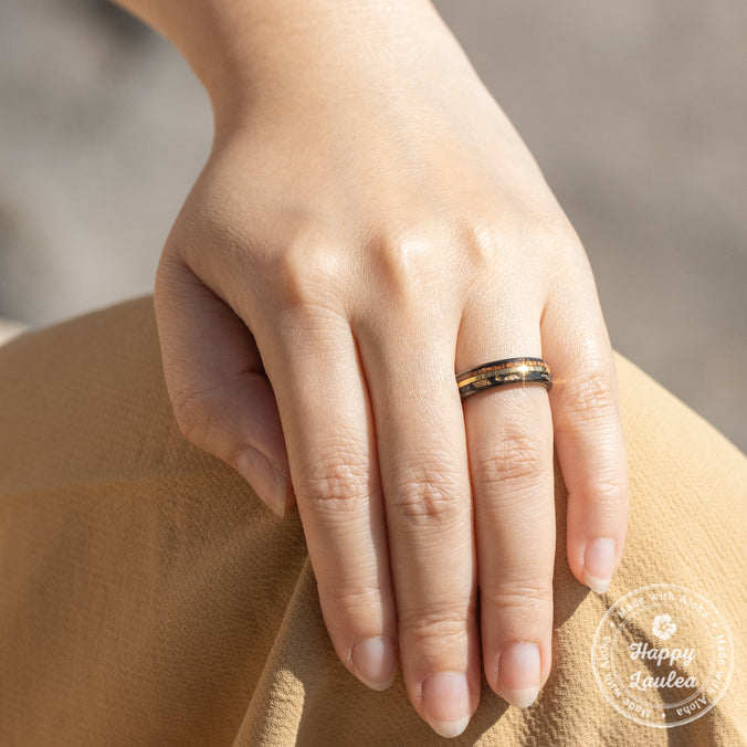 Pair of Gun Grey Tungsten Carbide Ring [5&8mm width] 18K Gold Flake, Meteorite, & Hawaiian Koa Wood