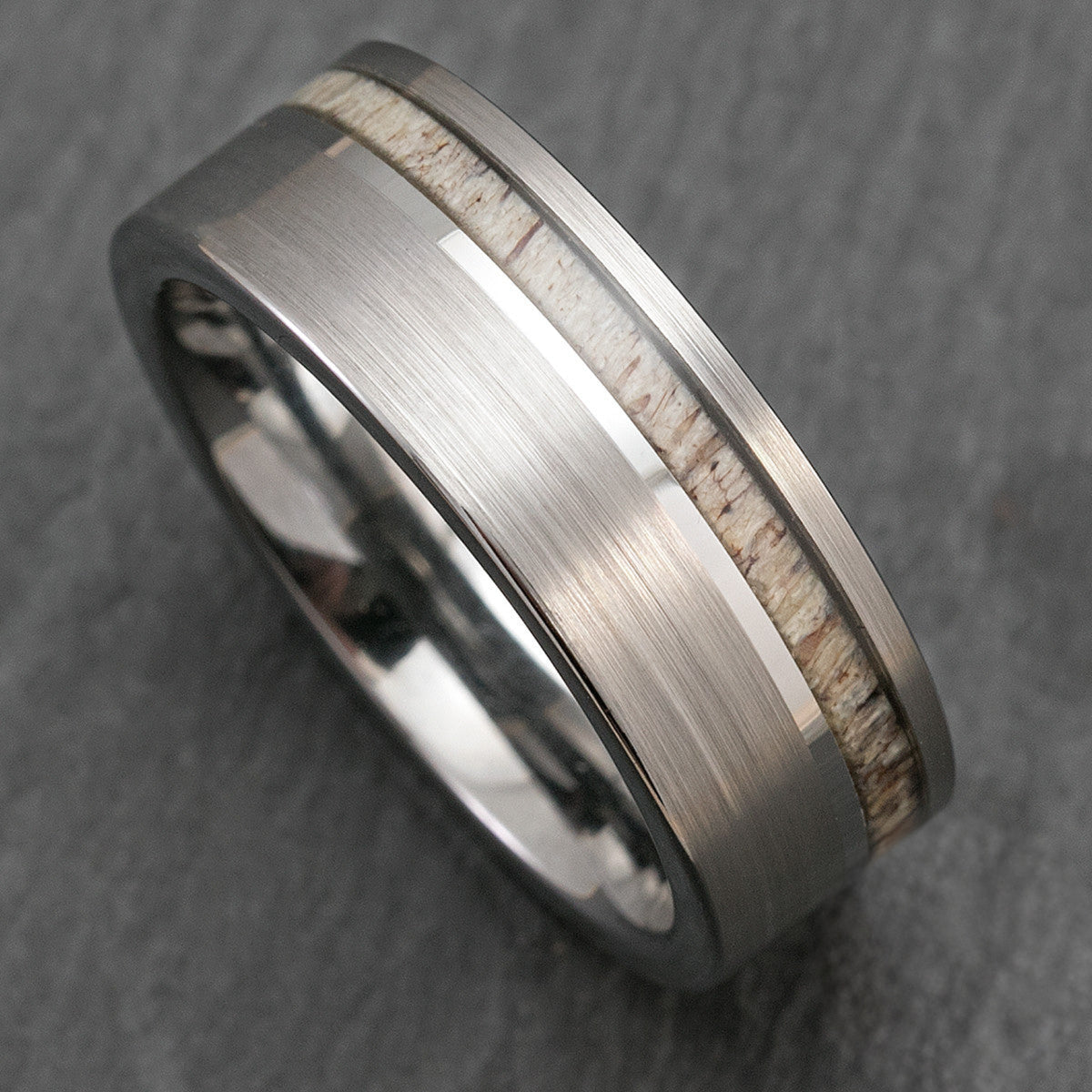 Tungsten Carbide Brush Finish Ring with Offset Antler Inlay - 8mm, Flat Shape, Comfort Fitment
