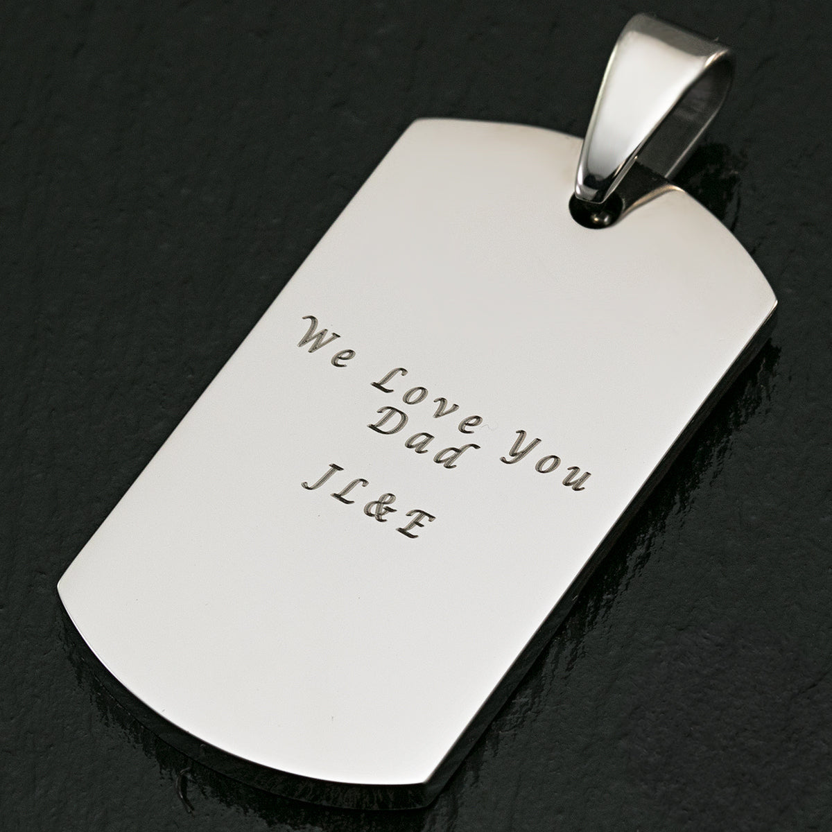 Stainless Steel Dog Tag Pendant with Slanted Koa Wood Inlay - 2.75"L x 1.37"W, Free Stainless Steel Chain