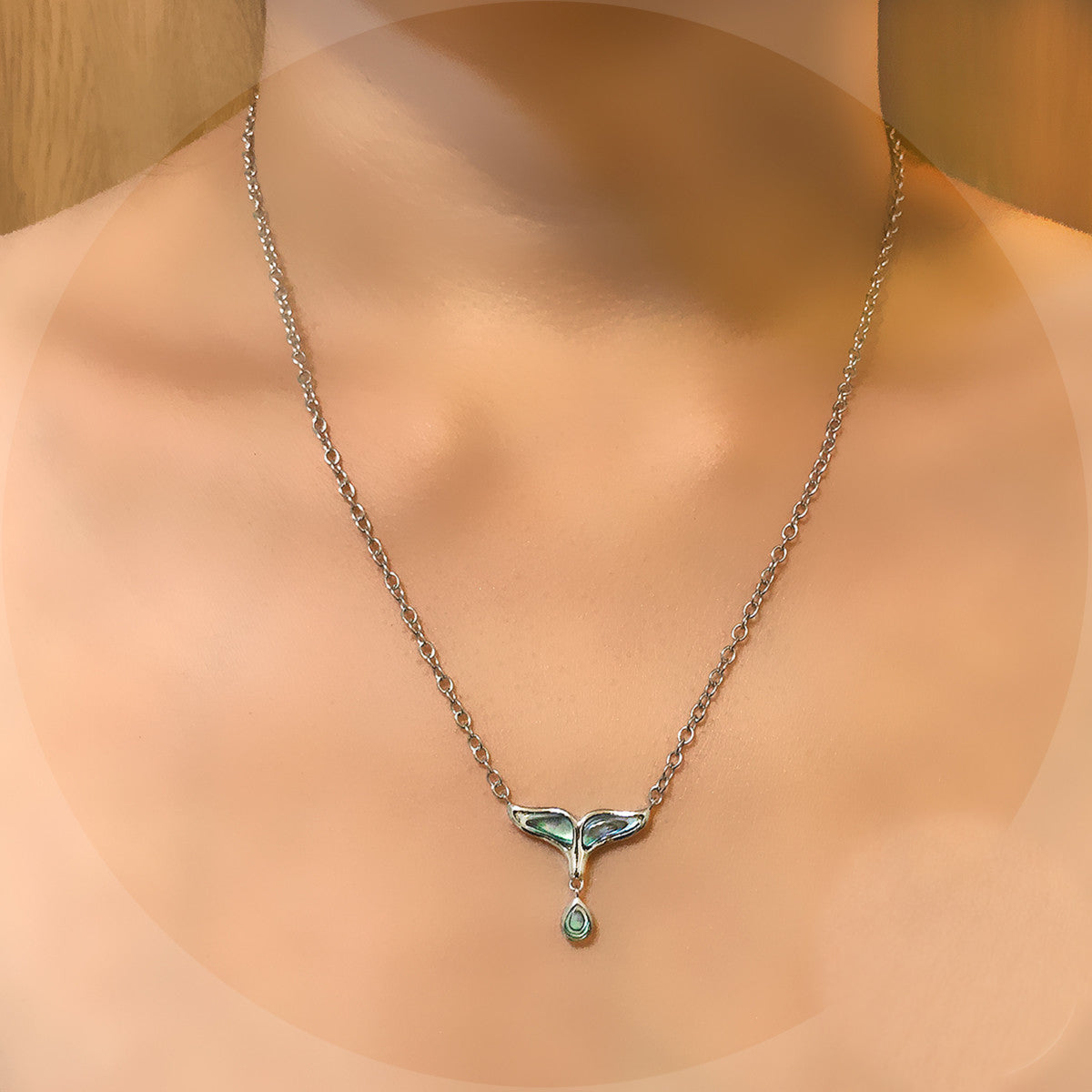 925 Sterling Silver Whale Tail & Tear Drop Necklace with Abalone Pau'a Shell Inlay