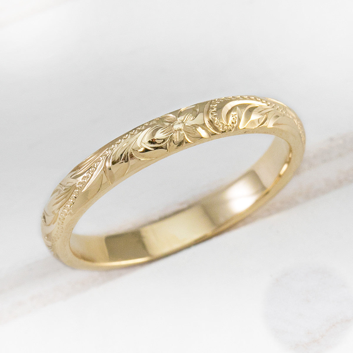 Solid Gold Hand Engraved Ring [2.5mm width] Old English Design - Barrel Shape