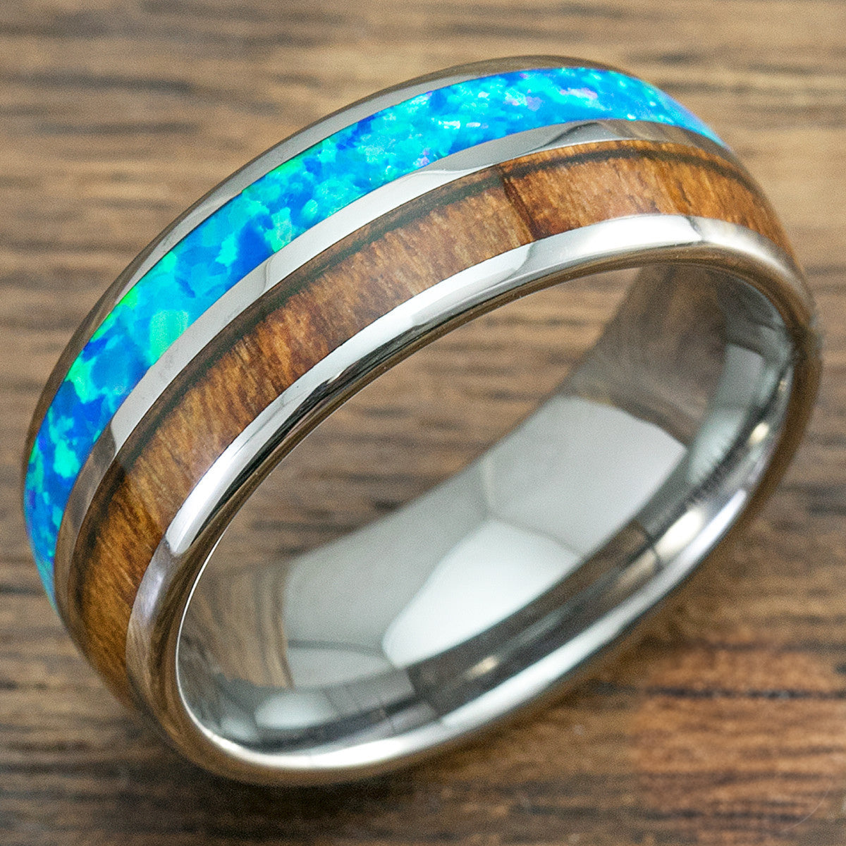 Tungsten Carbide Ring with Blue Opal & Koa Wood Duo Inlay, 6-8mm, Dome Shape, Comfort Fitment