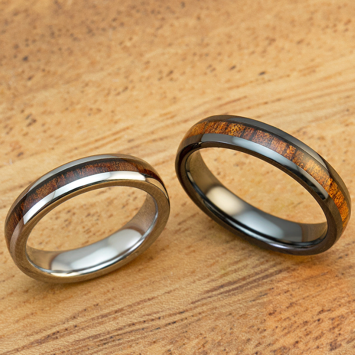 Pair of Black Ceramic and Tungsten Carbide with Koa Wood Inlay - 4mm & 4mm, Dome Shape, Comfort Fitment