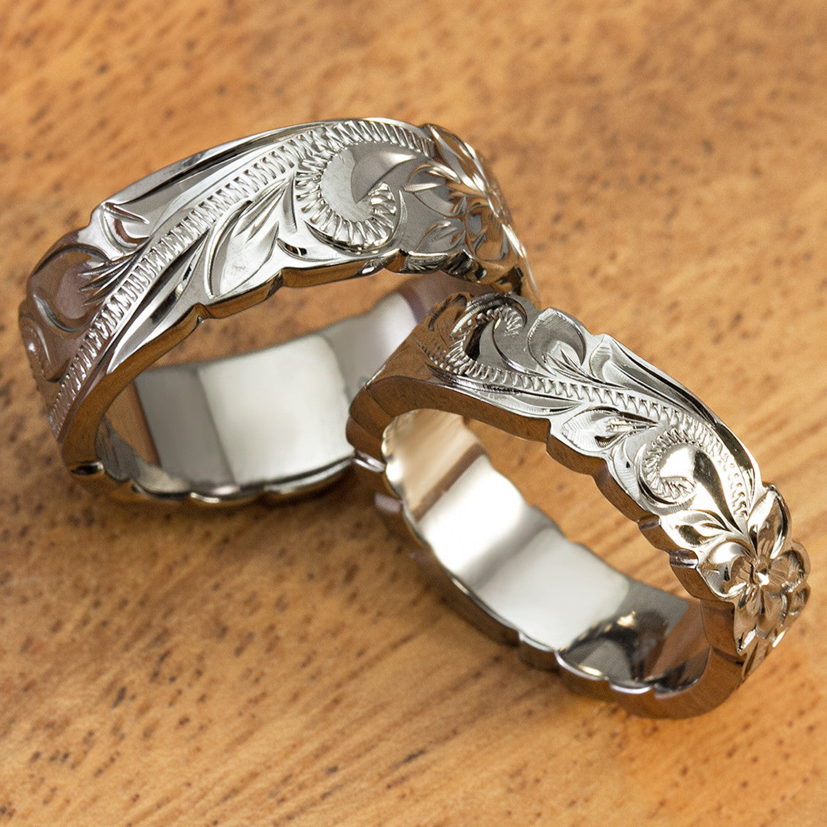 Pair of Sterling Silver Rhodium Coated Hand Engraved Hawaiian Jewelry Rings - 6&8mm, Flat Shape, Standard Fitment