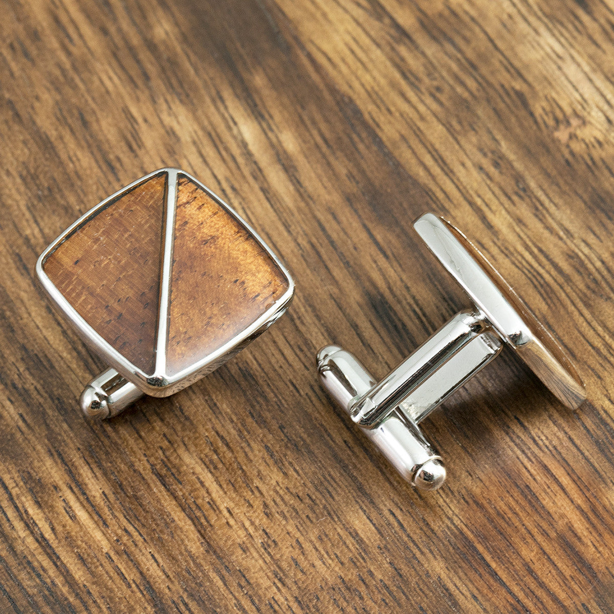 Silver Coated Brass Cufflinks with Koa Wood Inlay - 14mm x 14mm