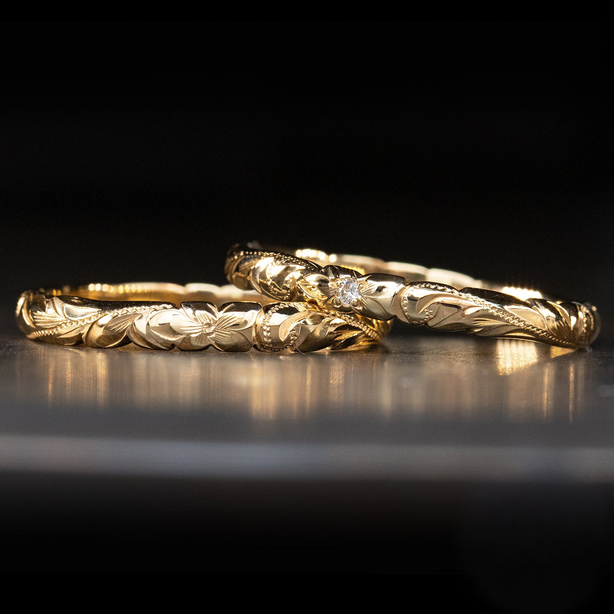 Solid Gold Hand Engraved Wave Edge Ring [3mm] Hawaiian Old English Design - Barrel Shape
