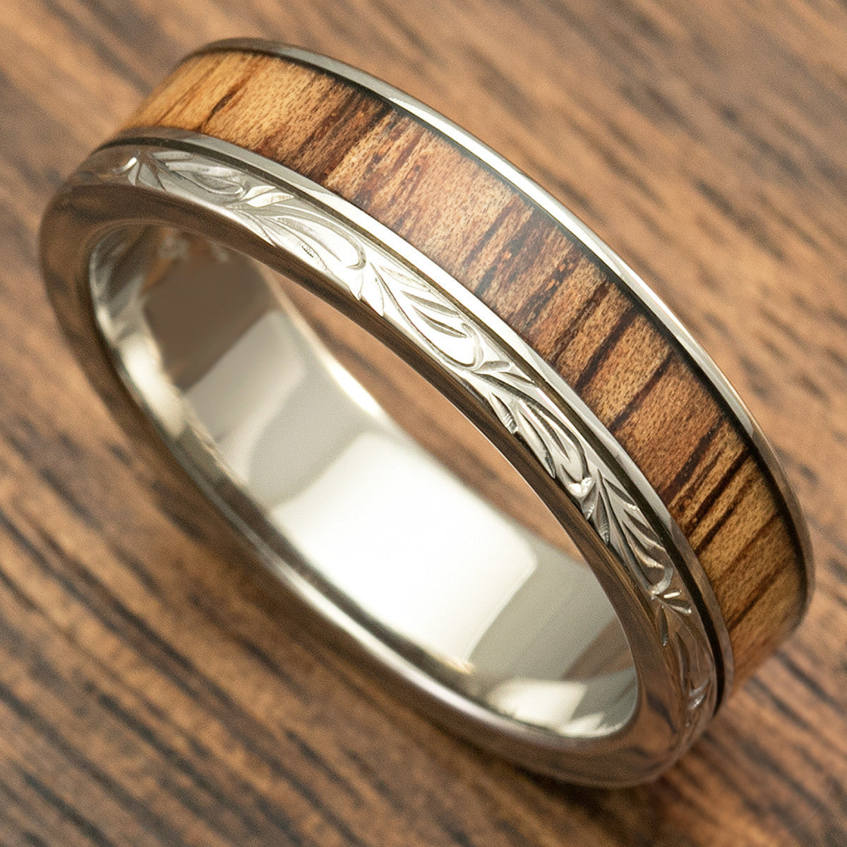 Titanium Hand Engraved Ring with Hawaiian Koa Wood Inlay - 6mm, Flat Shaped, Standard Fitment