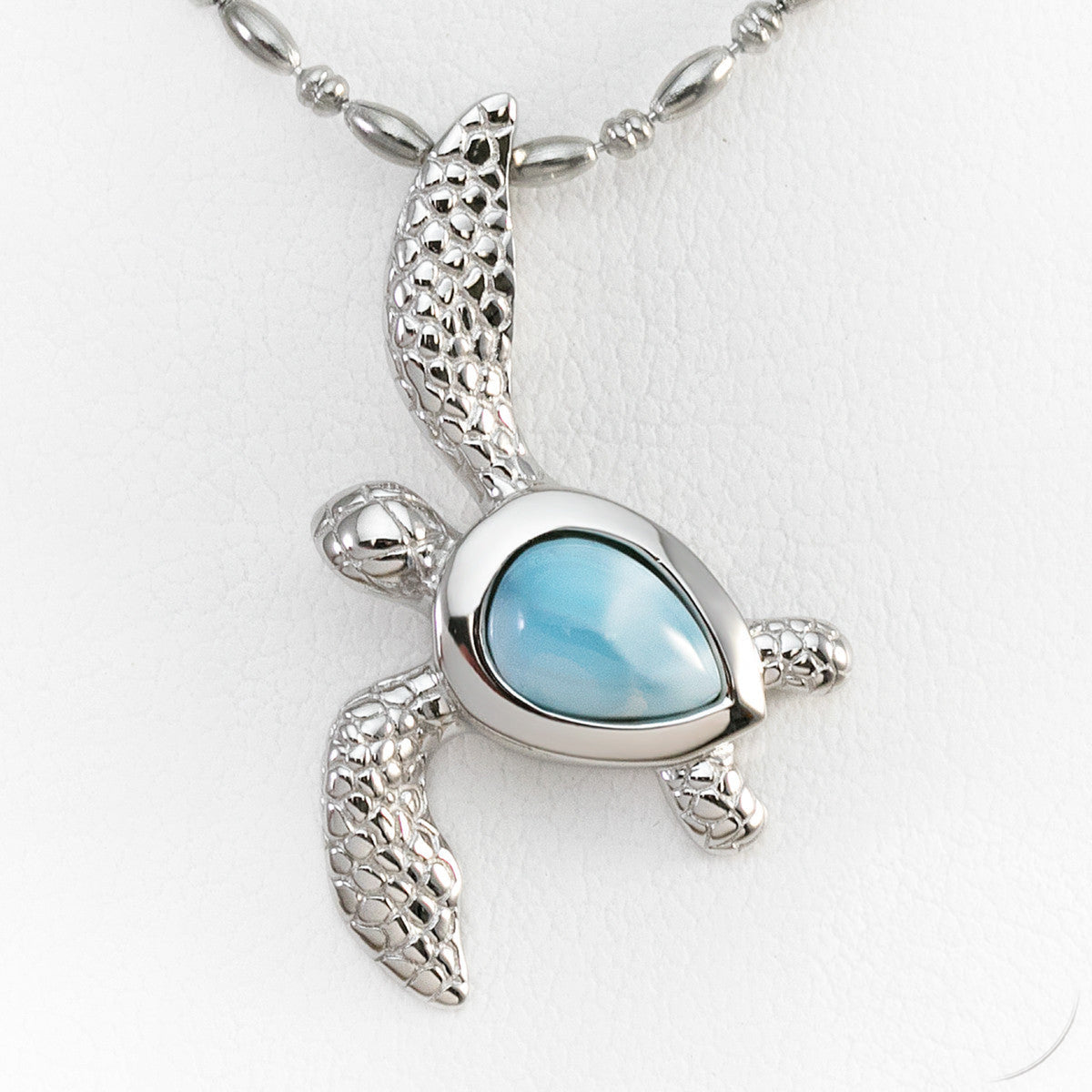 Sterling Silver Realistic Hawaiian Sea Turtle Pendant (Honu) Larimar Stone Setting