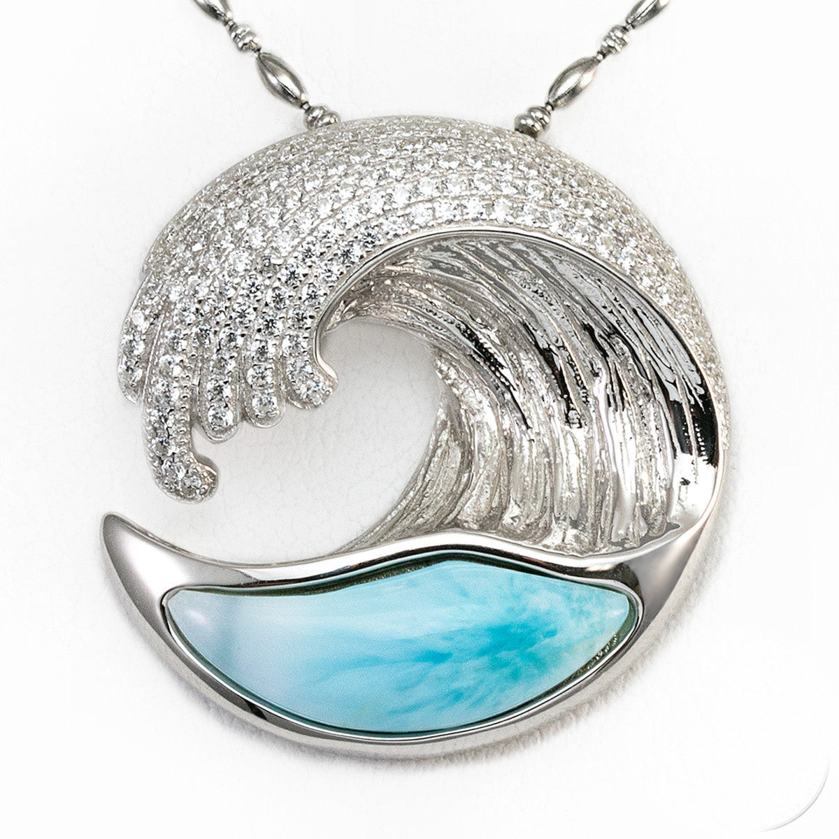 925 Sterling Silver Larimar Wave Pendant with Cubic Zirconia Settings