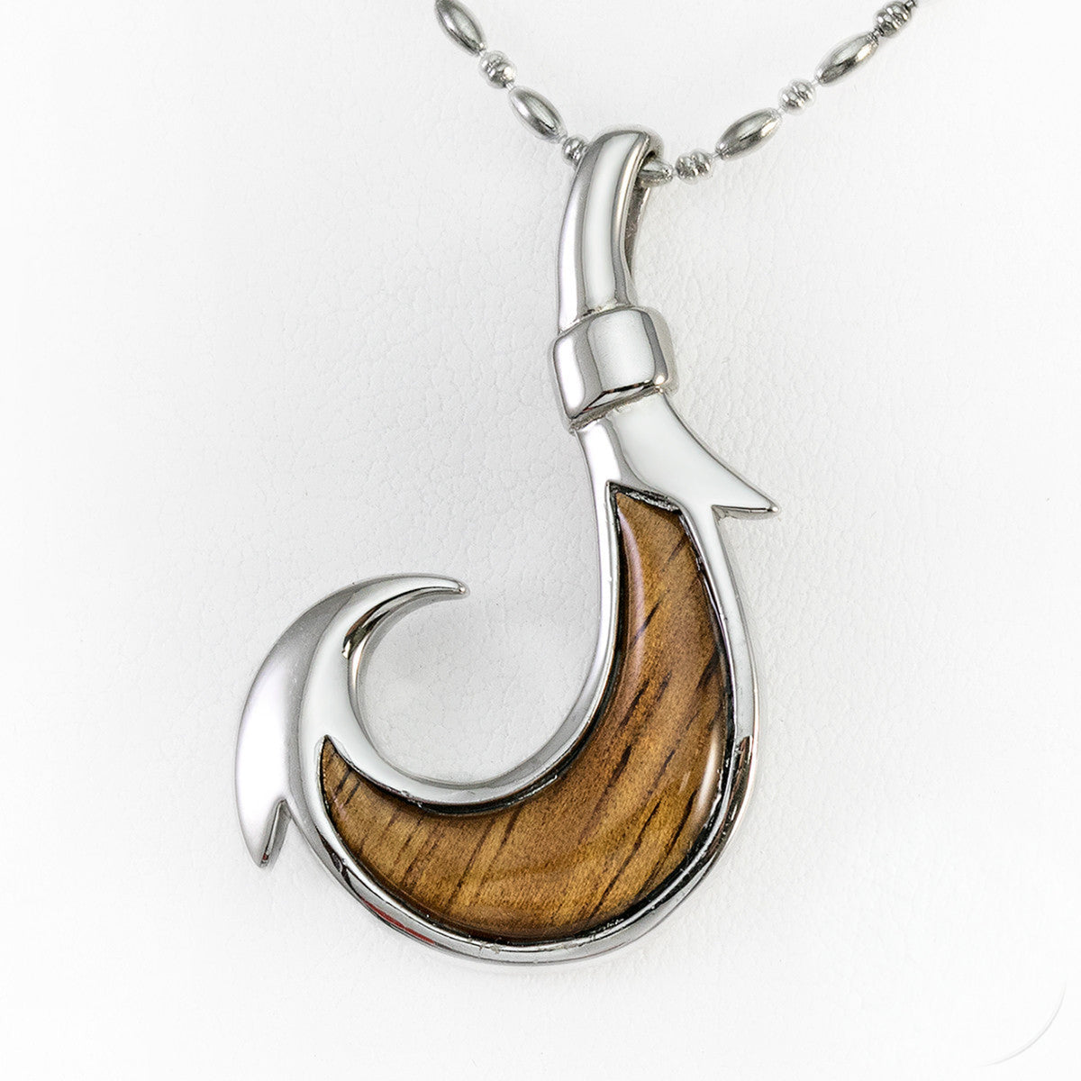 925 Sterling Silver Fish Hook Pendant with Koa Wood Inlay