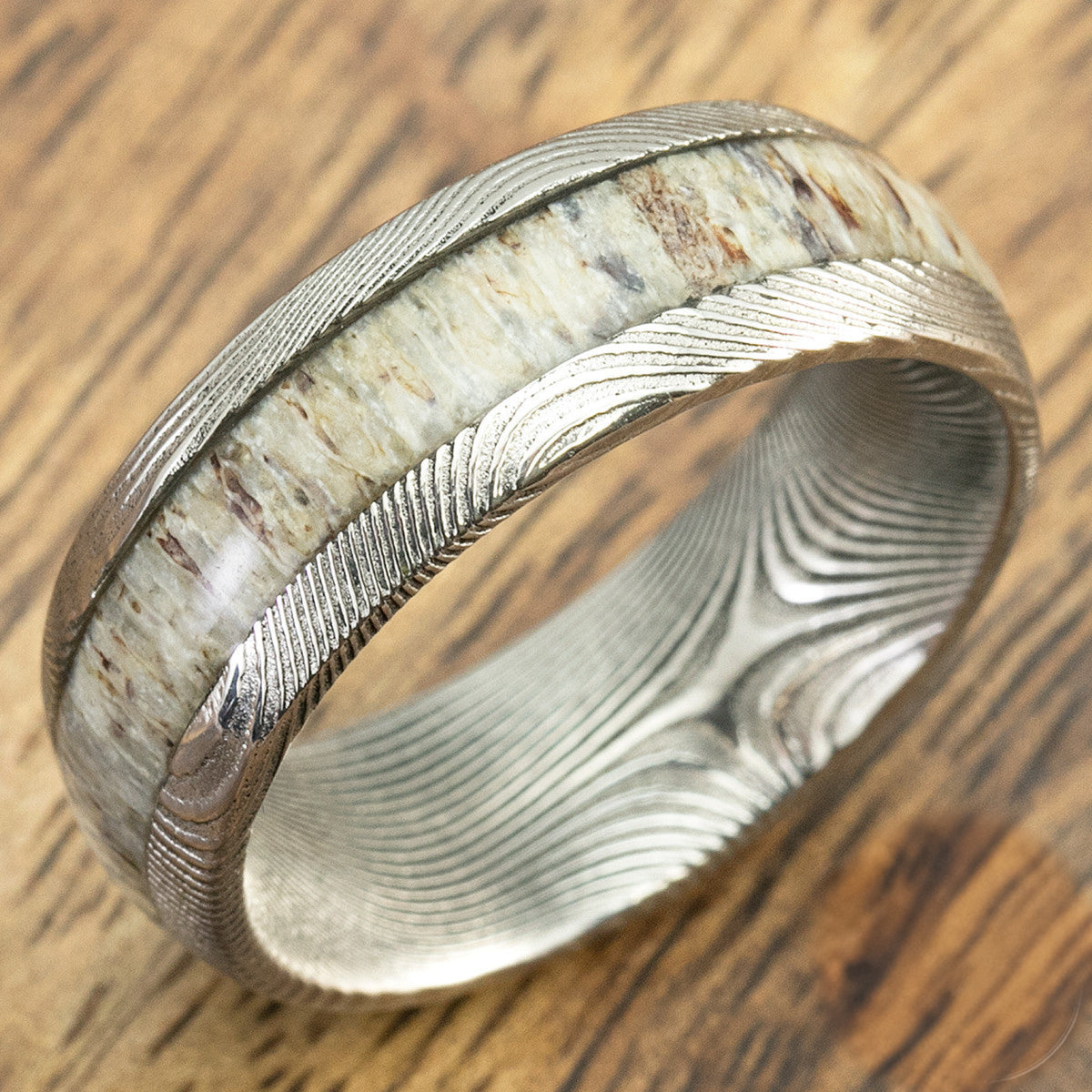 Damascus Steel Ring with Antler Inlay - 8mm, Dome Shape, Comfort Fitment