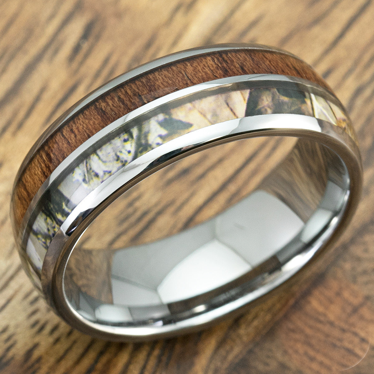 Tungsten Carbide Ring with Camo & Koa Wood inlay, 8mm, Dome Shape, Comfort Fitment